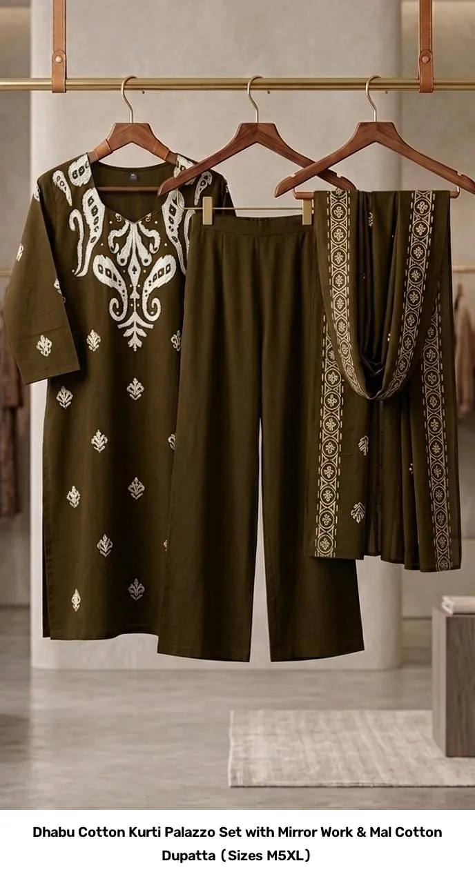 Dhabu Cotton Kurti Palazzo Set with Mirror Work & Mal Cotton Dupatta (Sizes M–5XL) 5