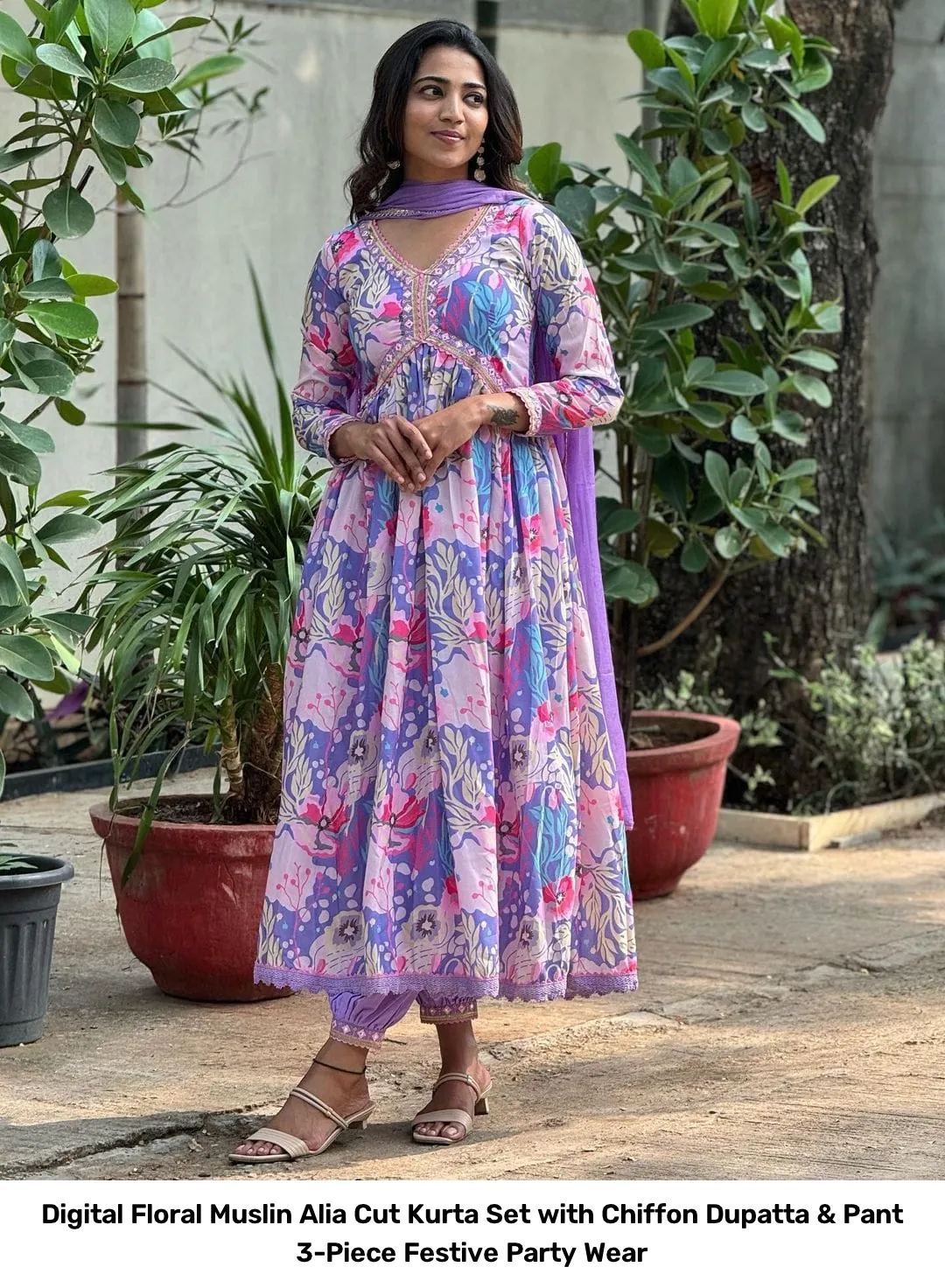 Digital Floral Muslin Alia Cut Kurta Set with Chiffon Dupatta & Pant – 3-Piece Festive Party Wear 10