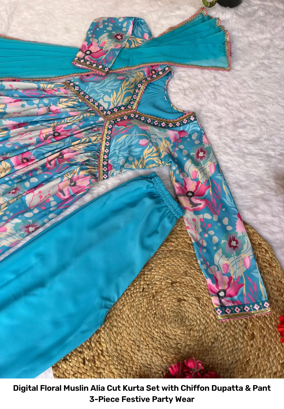 Digital Floral Muslin Alia Cut Kurta Set with Chiffon Dupatta & Pant – 3-Piece Festive Party Wear 11