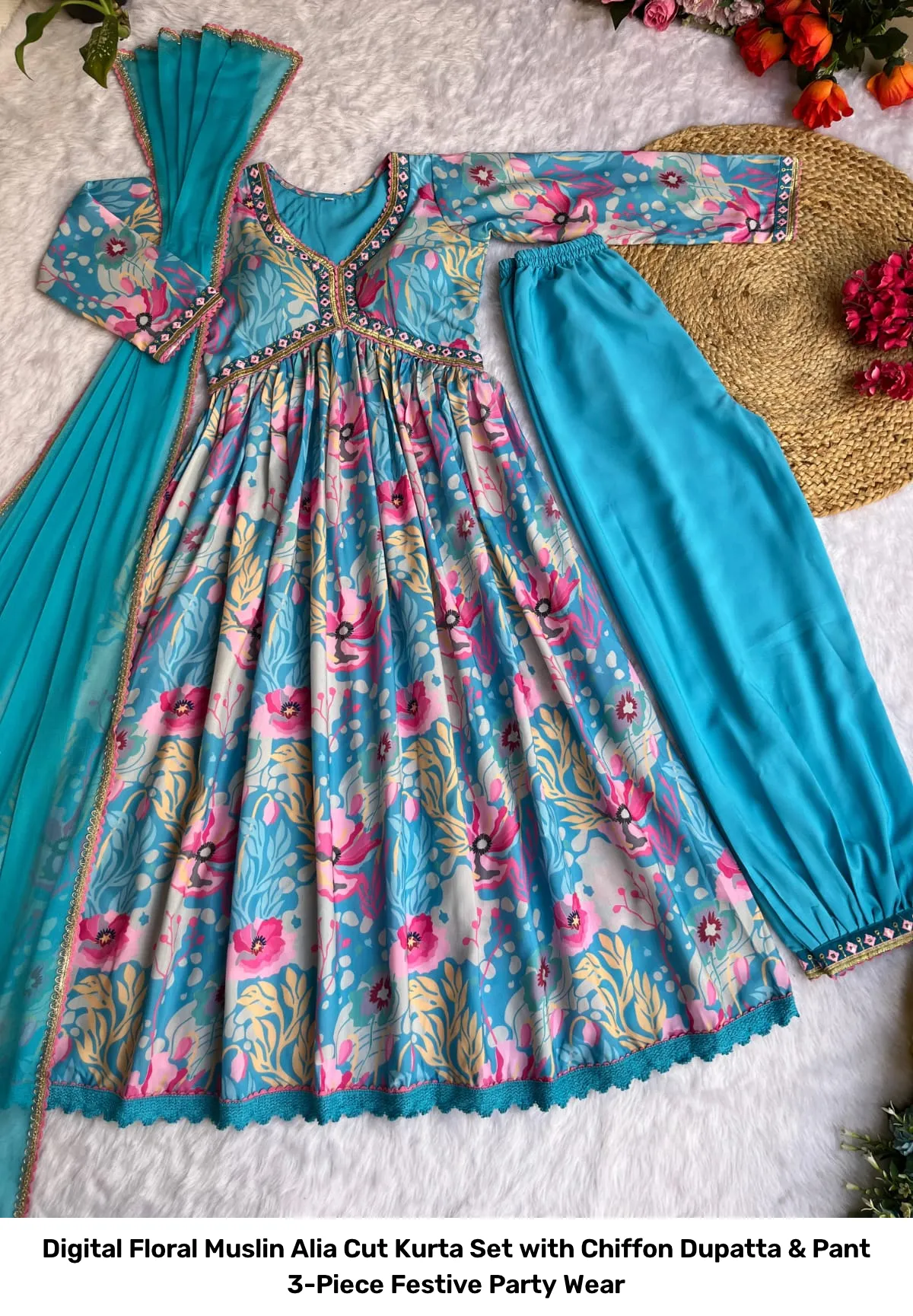 Digital Floral Muslin Alia Cut Kurta Set with Chiffon Dupatta & Pant – 3-Piece Festive Party Wear 12