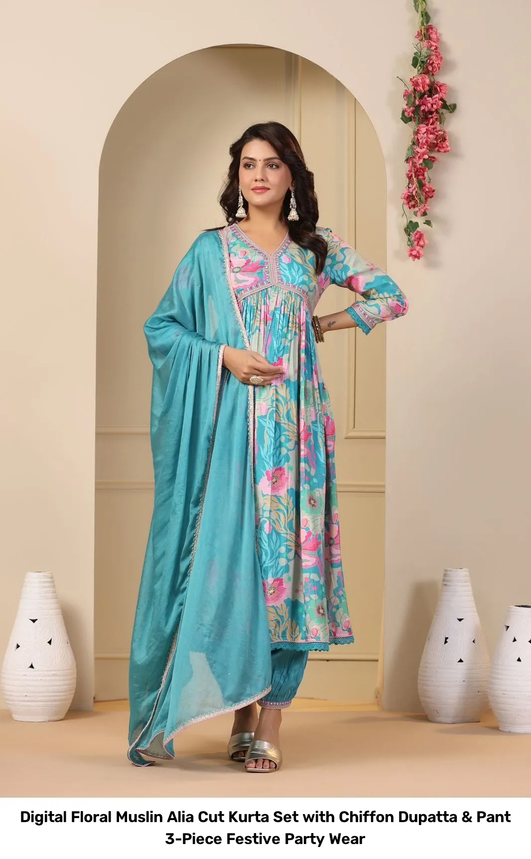 Digital Floral Muslin Alia Cut Kurta Set with Chiffon Dupatta & Pant – 3-Piece Festive Party Wear 2