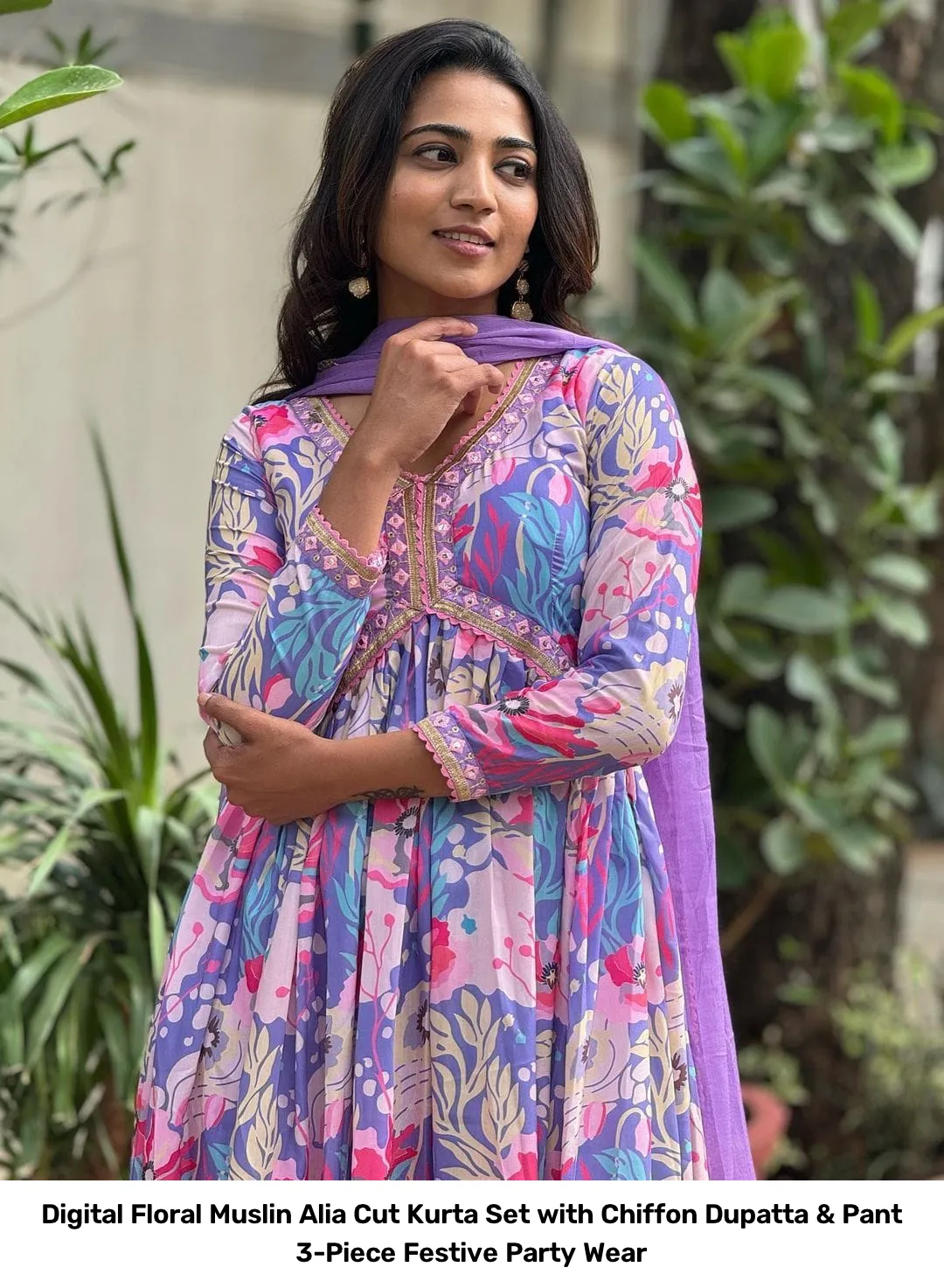 Digital Floral Muslin Alia Cut Kurta Set with Chiffon Dupatta & Pant – 3-Piece Festive Party Wear 3