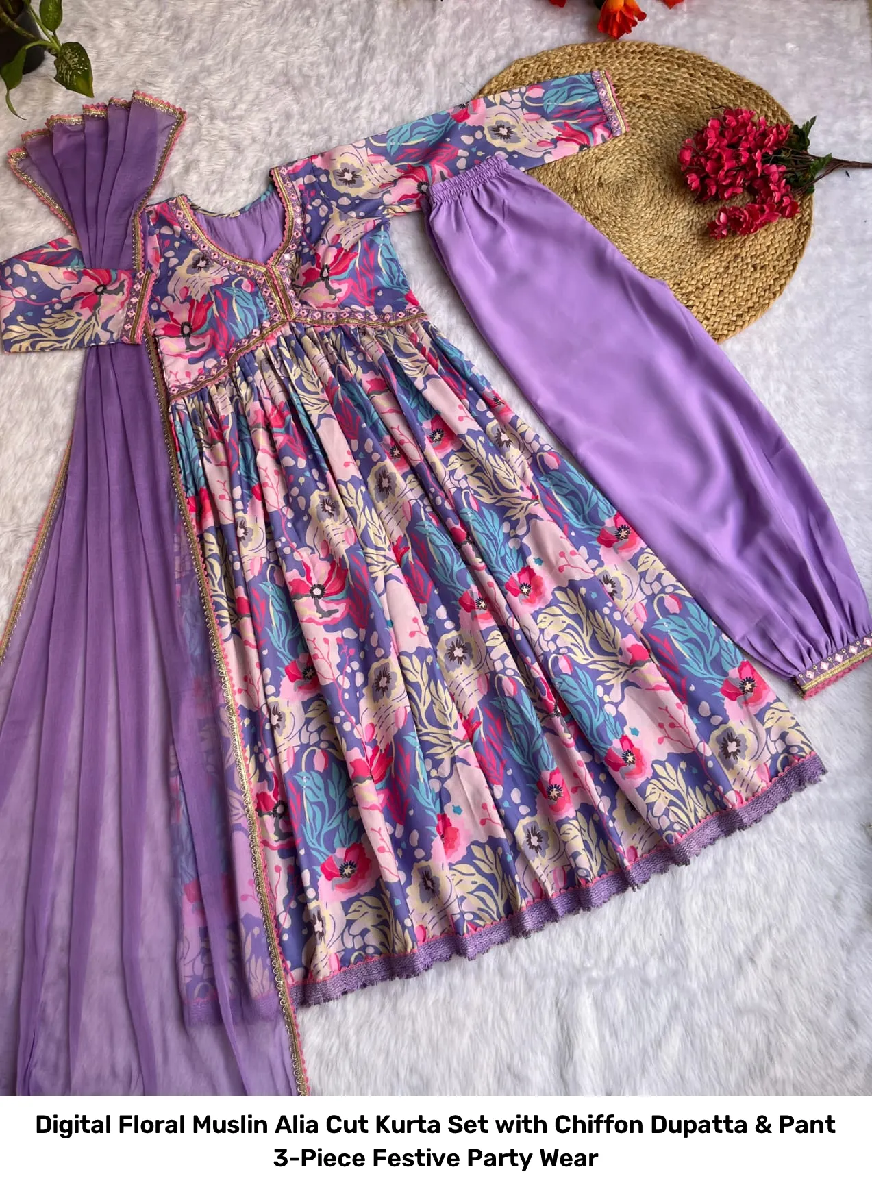 Digital Floral Muslin Alia Cut Kurta Set with Chiffon Dupatta & Pant – 3-Piece Festive Party Wear 4