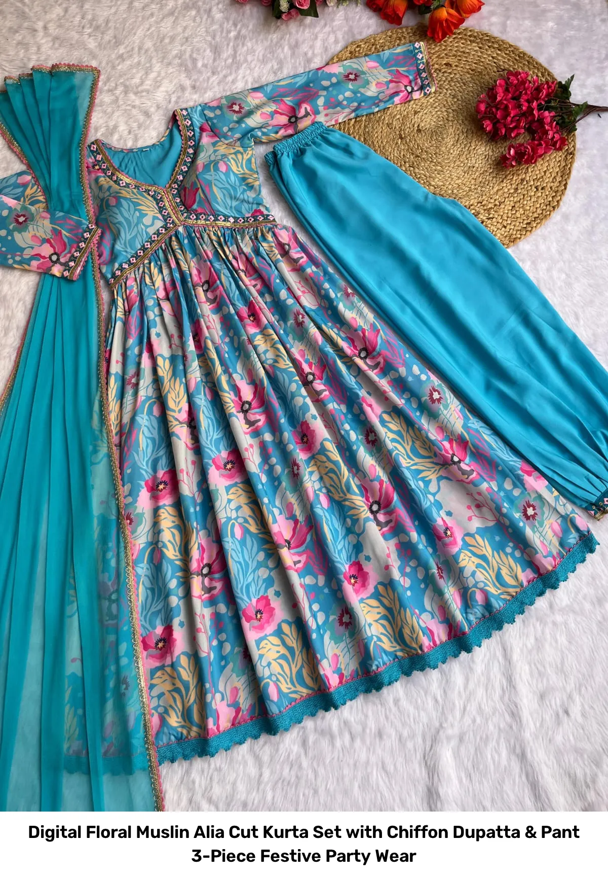 Digital Floral Muslin Alia Cut Kurta Set with Chiffon Dupatta & Pant – 3-Piece Festive Party Wear 6