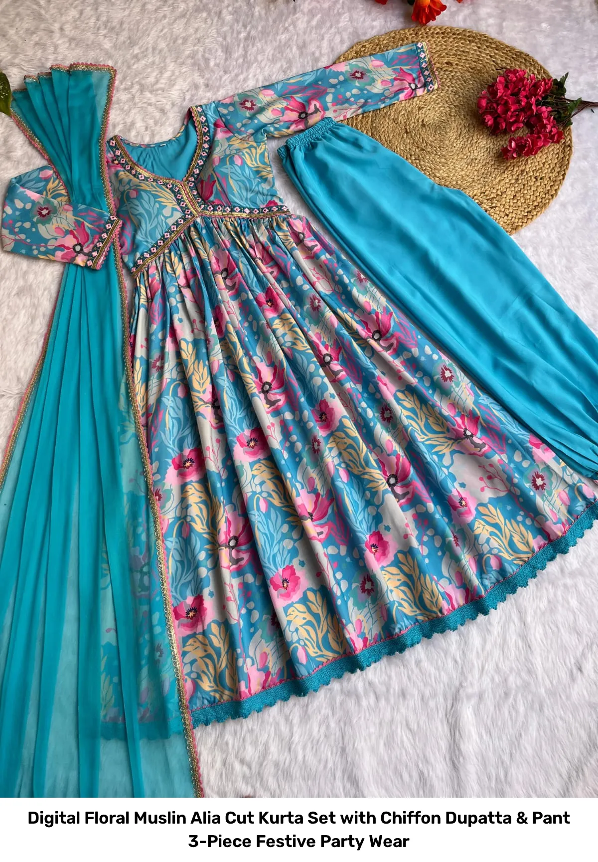 Digital Floral Muslin Alia Cut Kurta Set with Chiffon Dupatta & Pant – 3-Piece Festive Party Wear 7