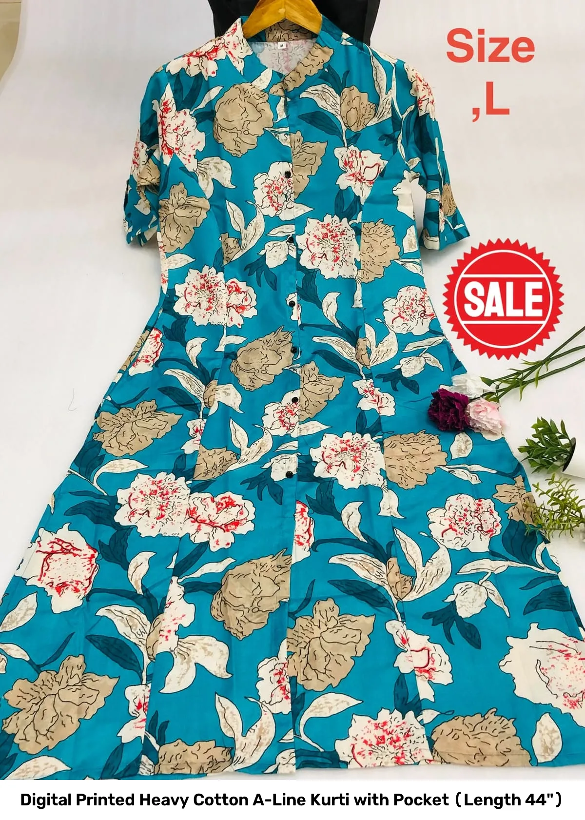 Digital Printed Heavy Cotton A-Line Kurti with Pocket (Length 44") 2