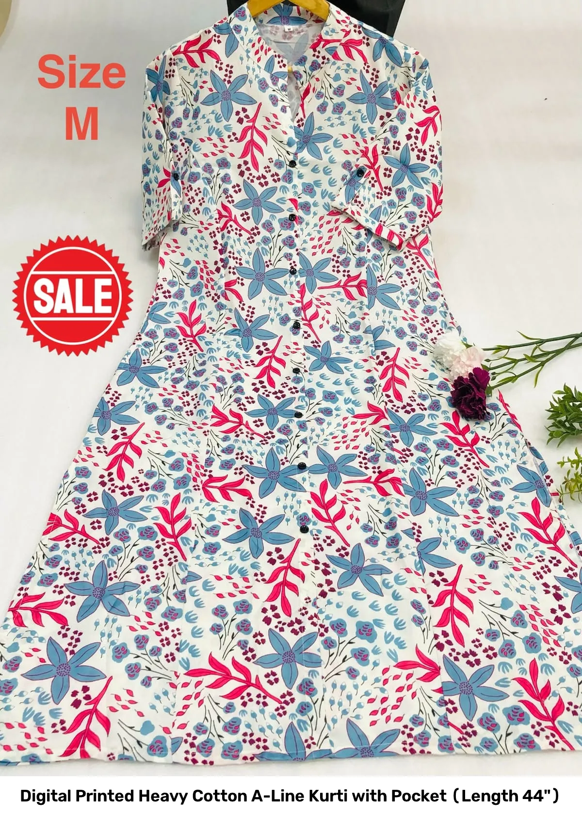 Digital Printed Heavy Cotton A-Line Kurti with Pocket (Length 44") 3