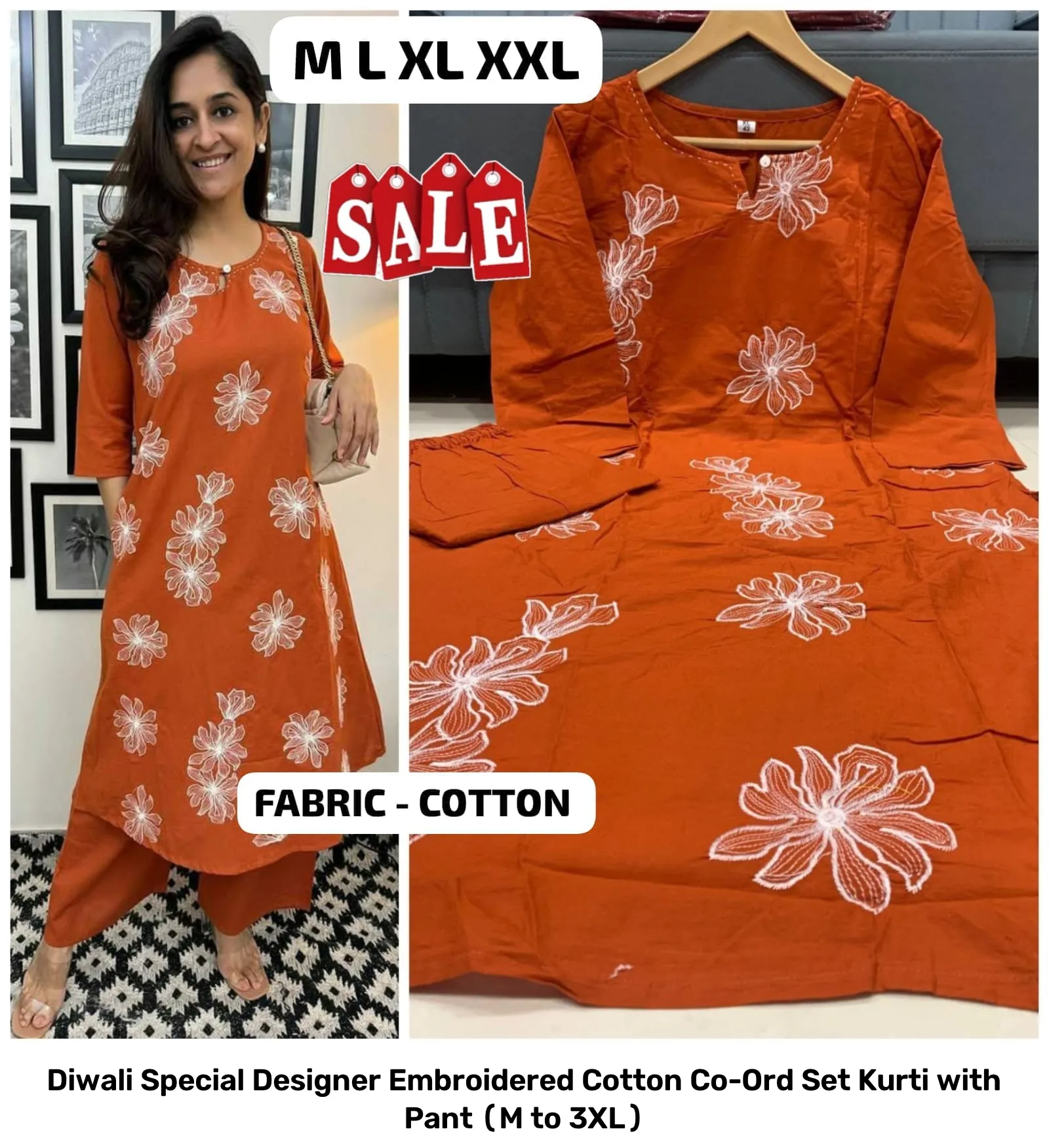 Diwali Special Designer Embroidered Cotton Co-Ord Set – Kurti with Pant (M to 3XL) 10