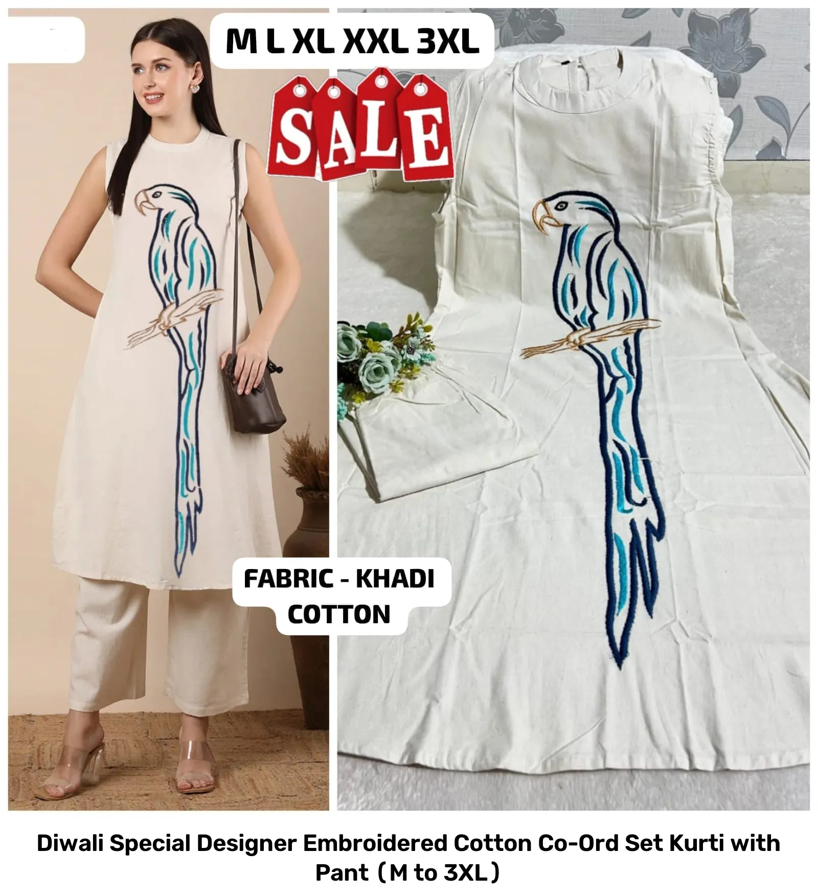 Diwali Special Designer Embroidered Cotton Co-Ord Set – Kurti with Pant (M to 3XL) 11