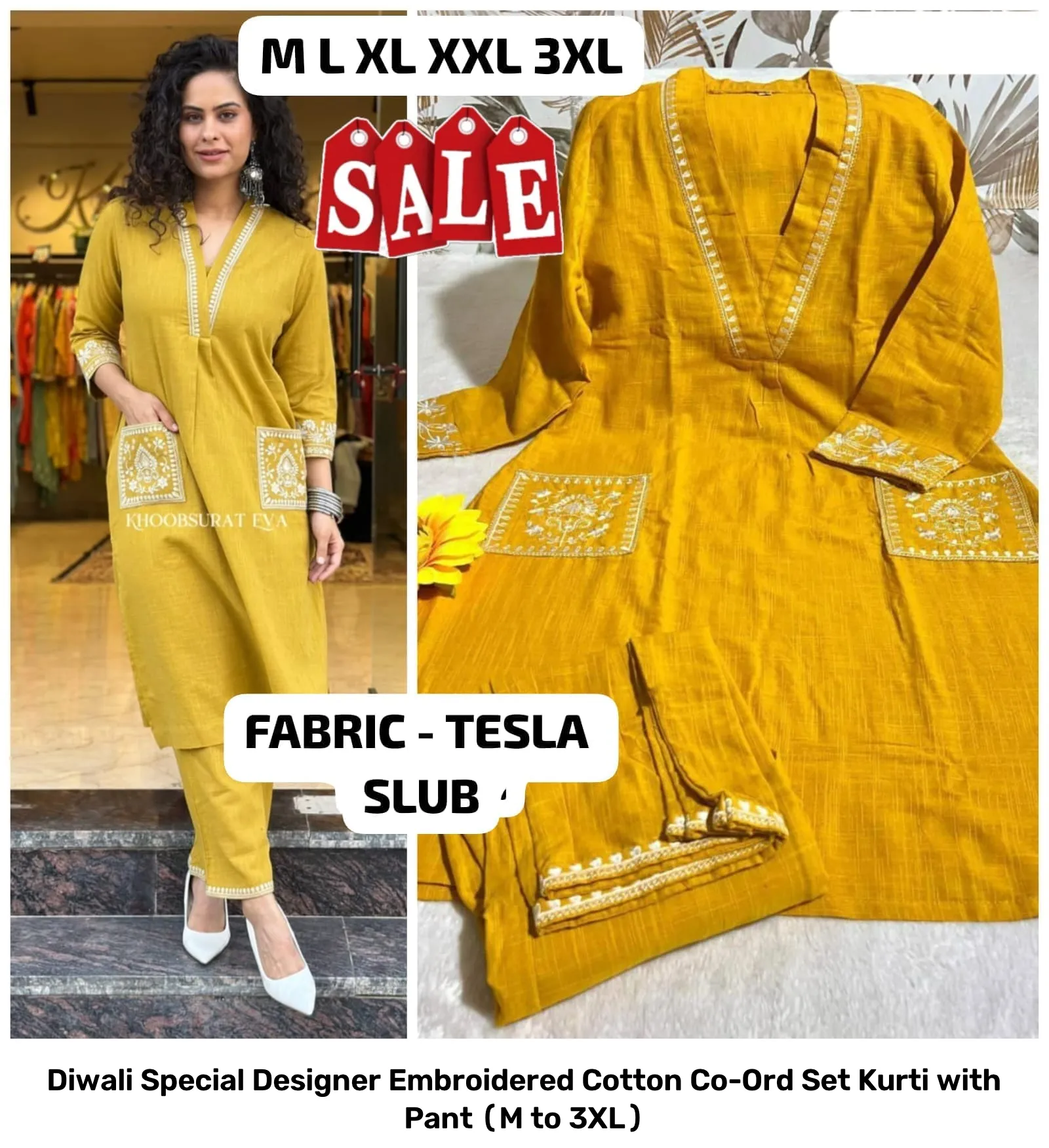 Diwali Special Designer Embroidered Cotton Co-Ord Set – Kurti with Pant (M to 3XL) 12