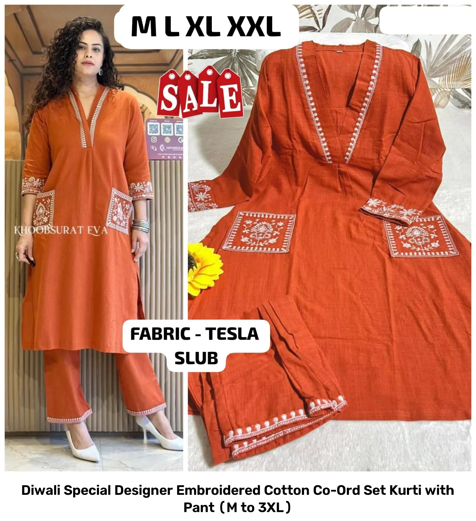Diwali Special Designer Embroidered Cotton Co-Ord Set – Kurti with Pant (M to 3XL) 13