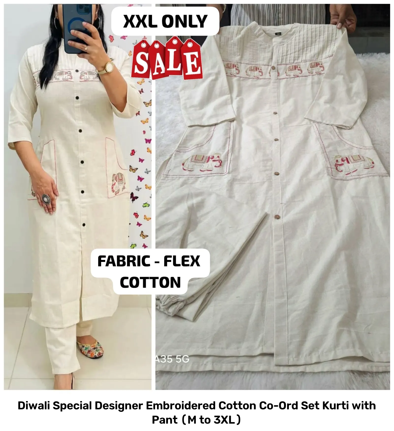 Diwali Special Designer Embroidered Cotton Co-Ord Set – Kurti with Pant (M to 3XL) 14