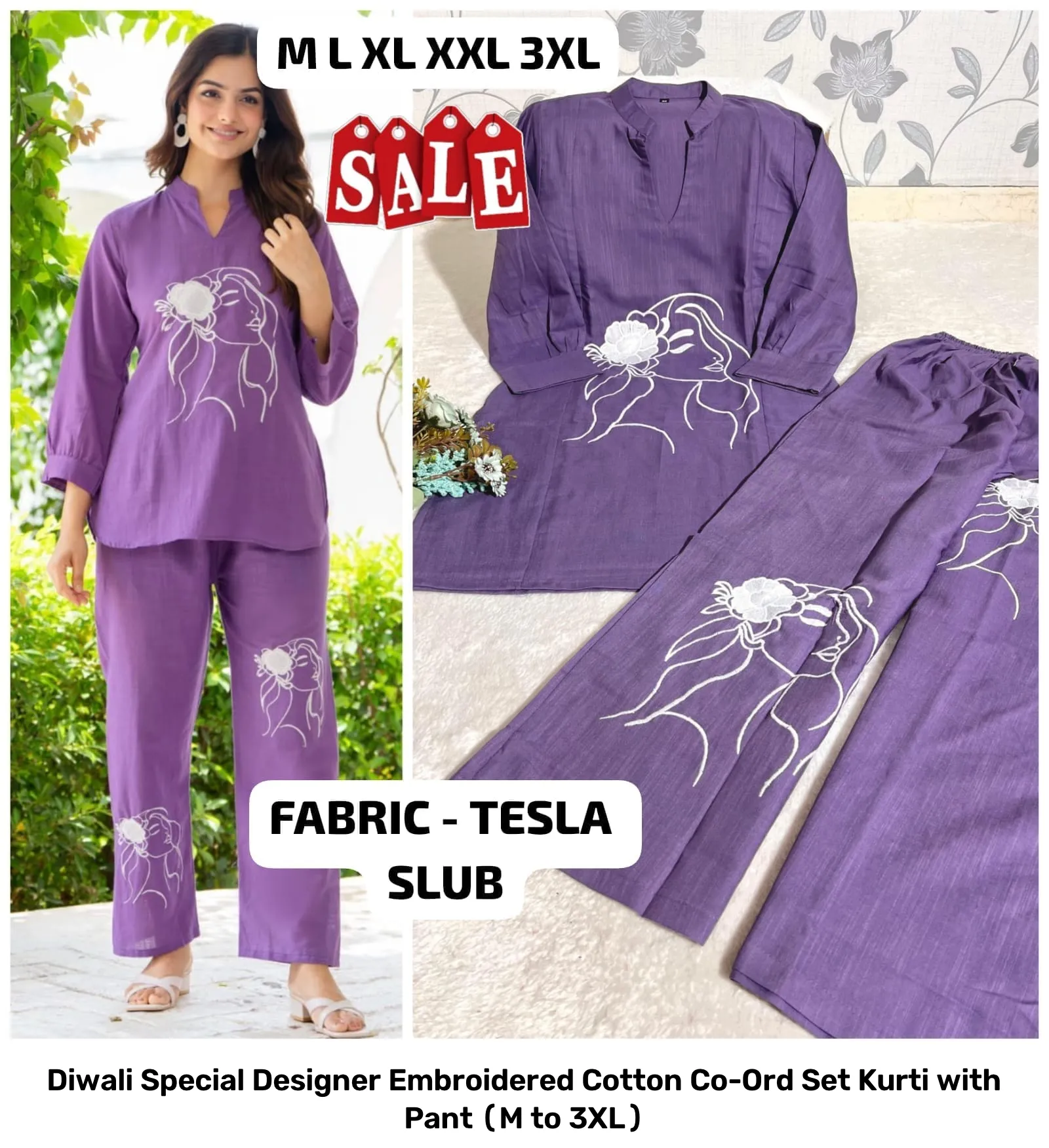 Diwali Special Designer Embroidered Cotton Co-Ord Set – Kurti with Pant (M to 3XL) 15