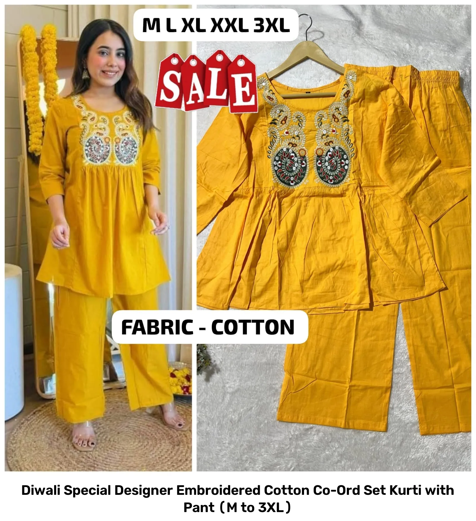 Diwali Special Designer Embroidered Cotton Co-Ord Set – Kurti with Pant (M to 3XL) 16