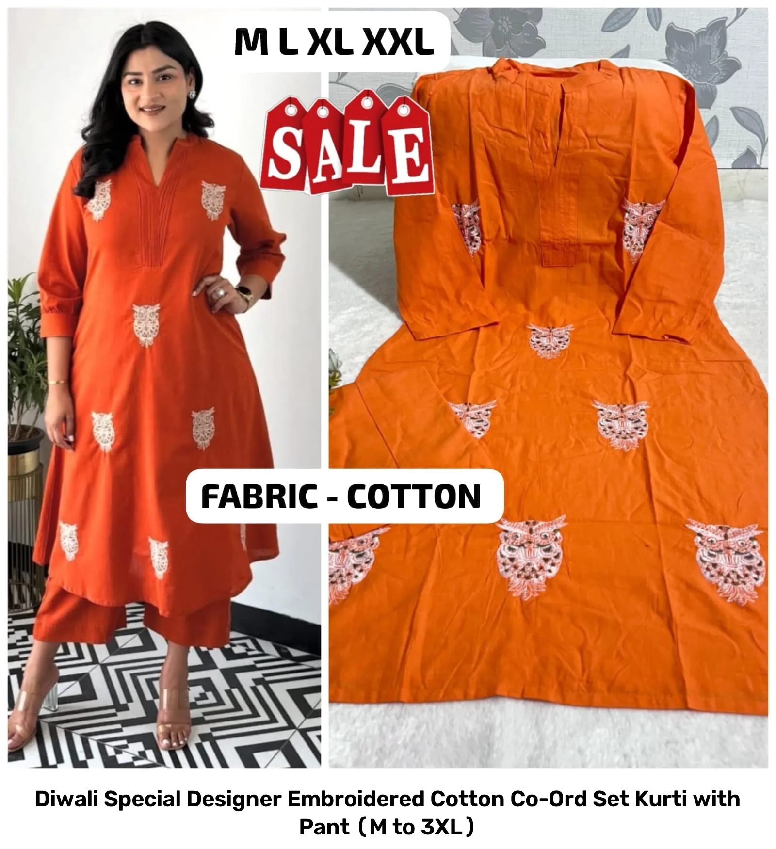 Diwali Special Designer Embroidered Cotton Co-Ord Set – Kurti with Pant (M to 3XL) 17
