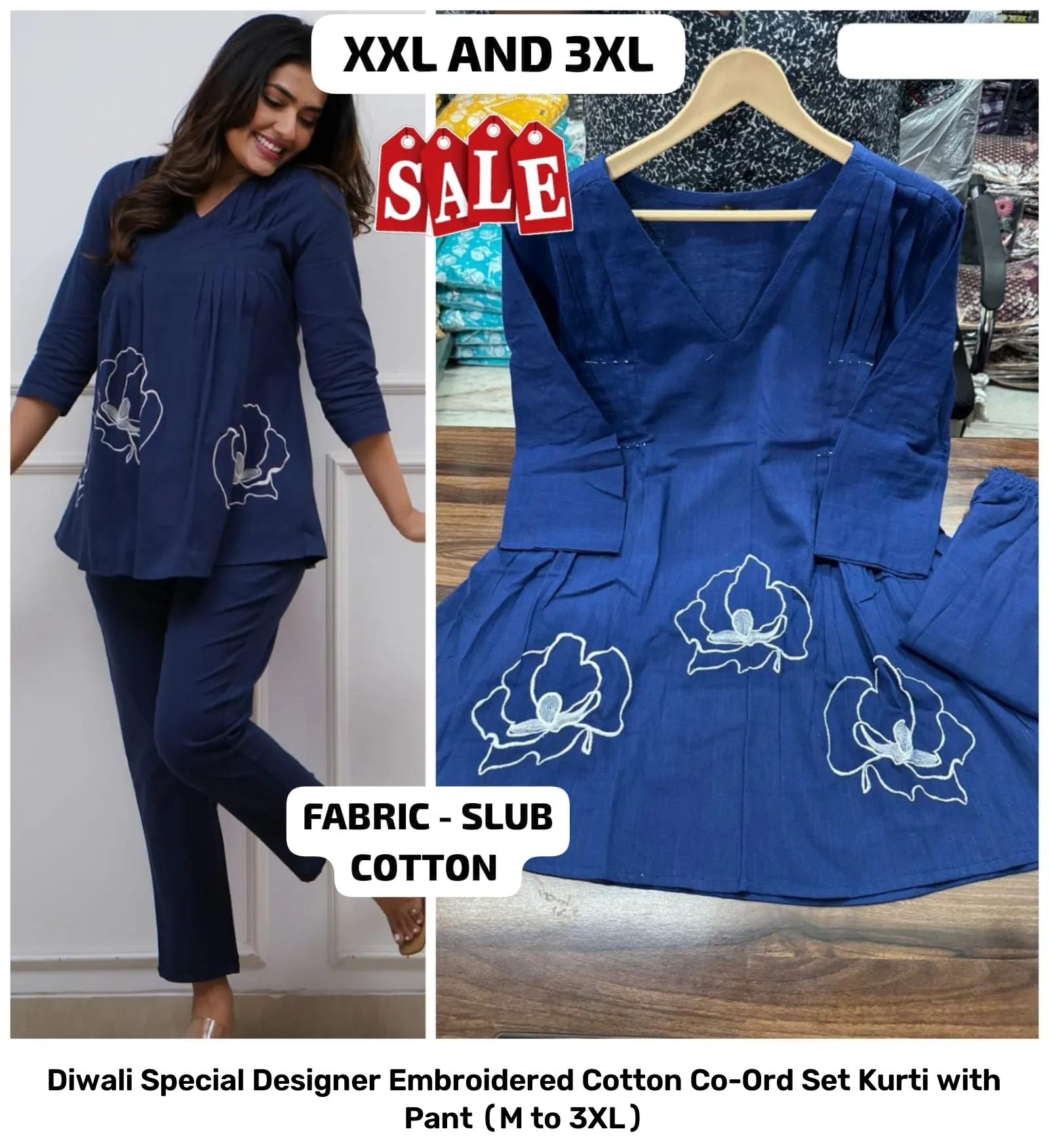 Diwali Special Designer Embroidered Cotton Co-Ord Set – Kurti with Pant (M to 3XL) 19