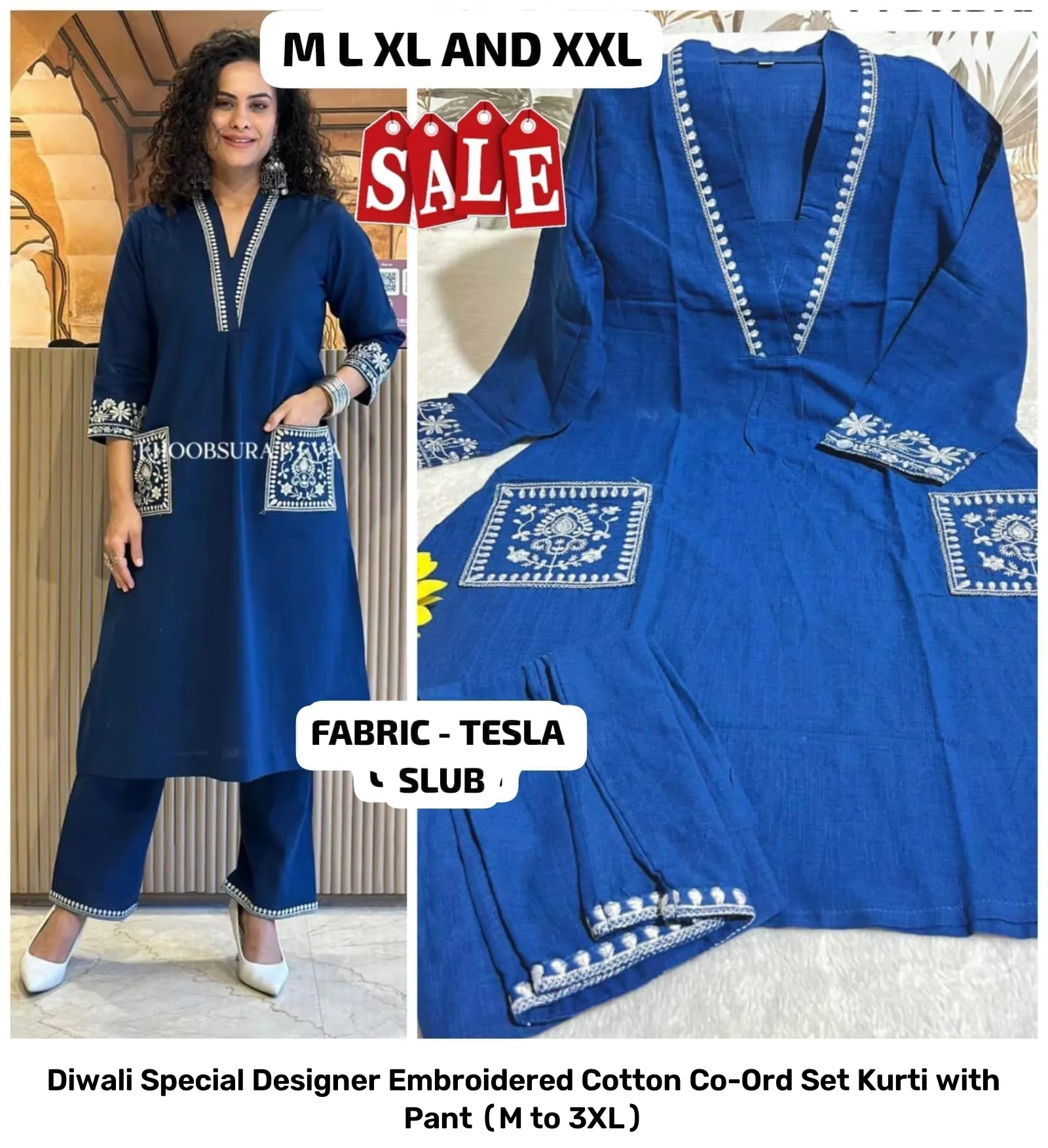 Diwali Special Designer Embroidered Cotton Co-Ord Set – Kurti with Pant (M to 3XL) 2