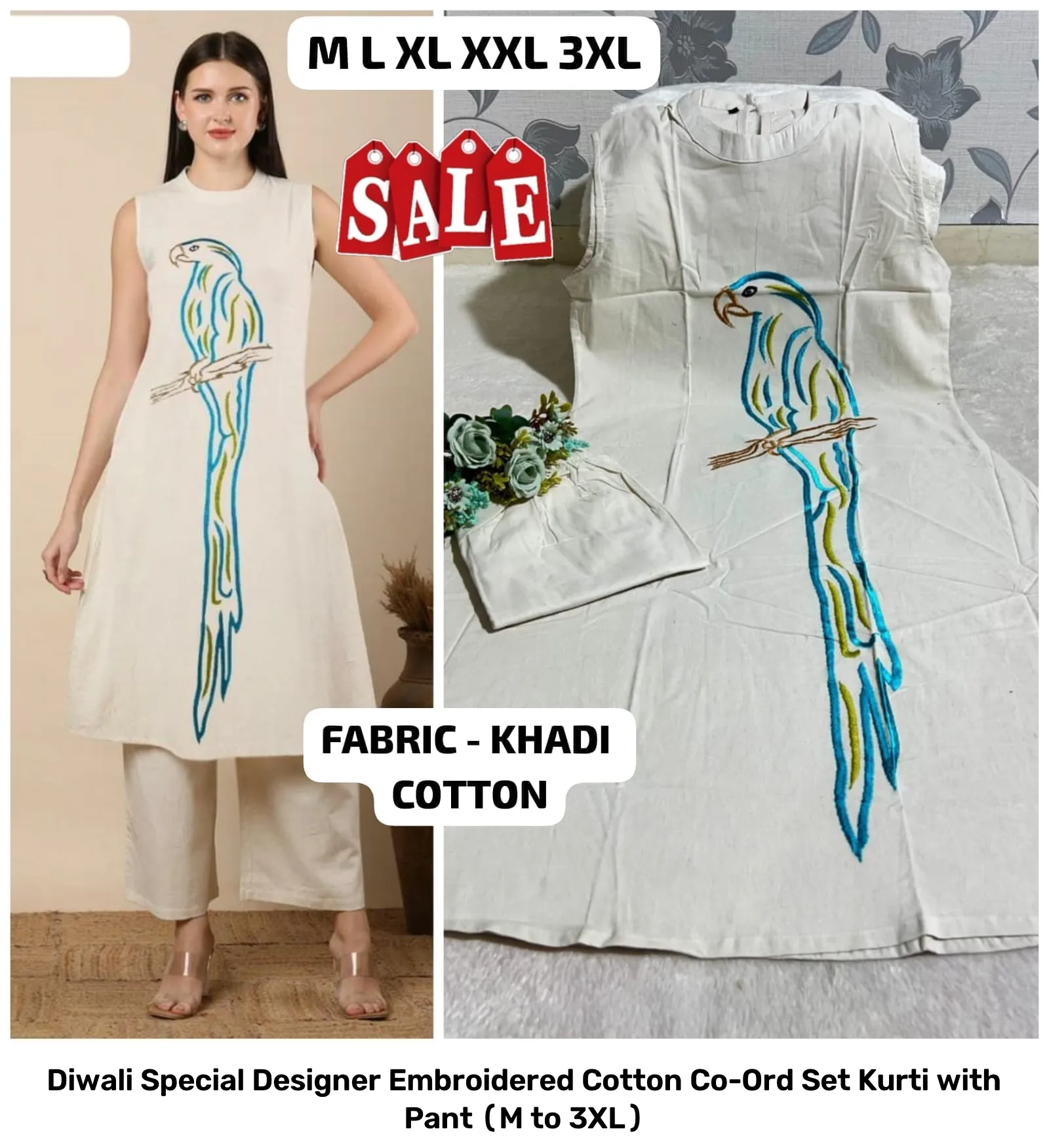Diwali Special Designer Embroidered Cotton Co-Ord Set – Kurti with Pant (M to 3XL) 20