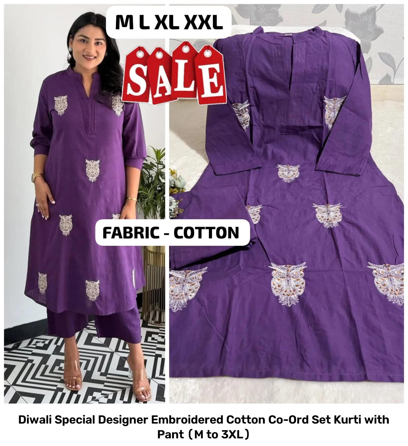Diwali Special Designer Embroidered Cotton Co-Ord Set – Kurti with Pant (M to 3XL) 21