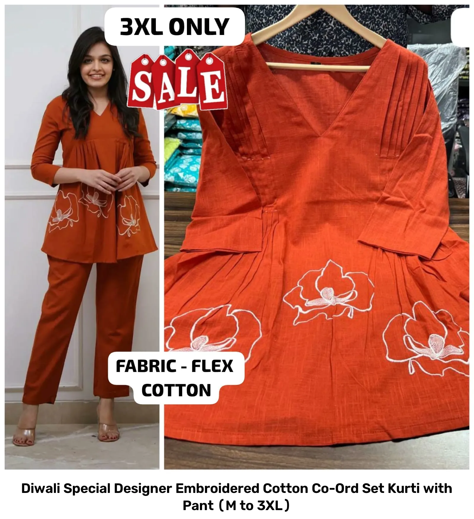 Diwali Special Designer Embroidered Cotton Co-Ord Set – Kurti with Pant (M to 3XL) 22