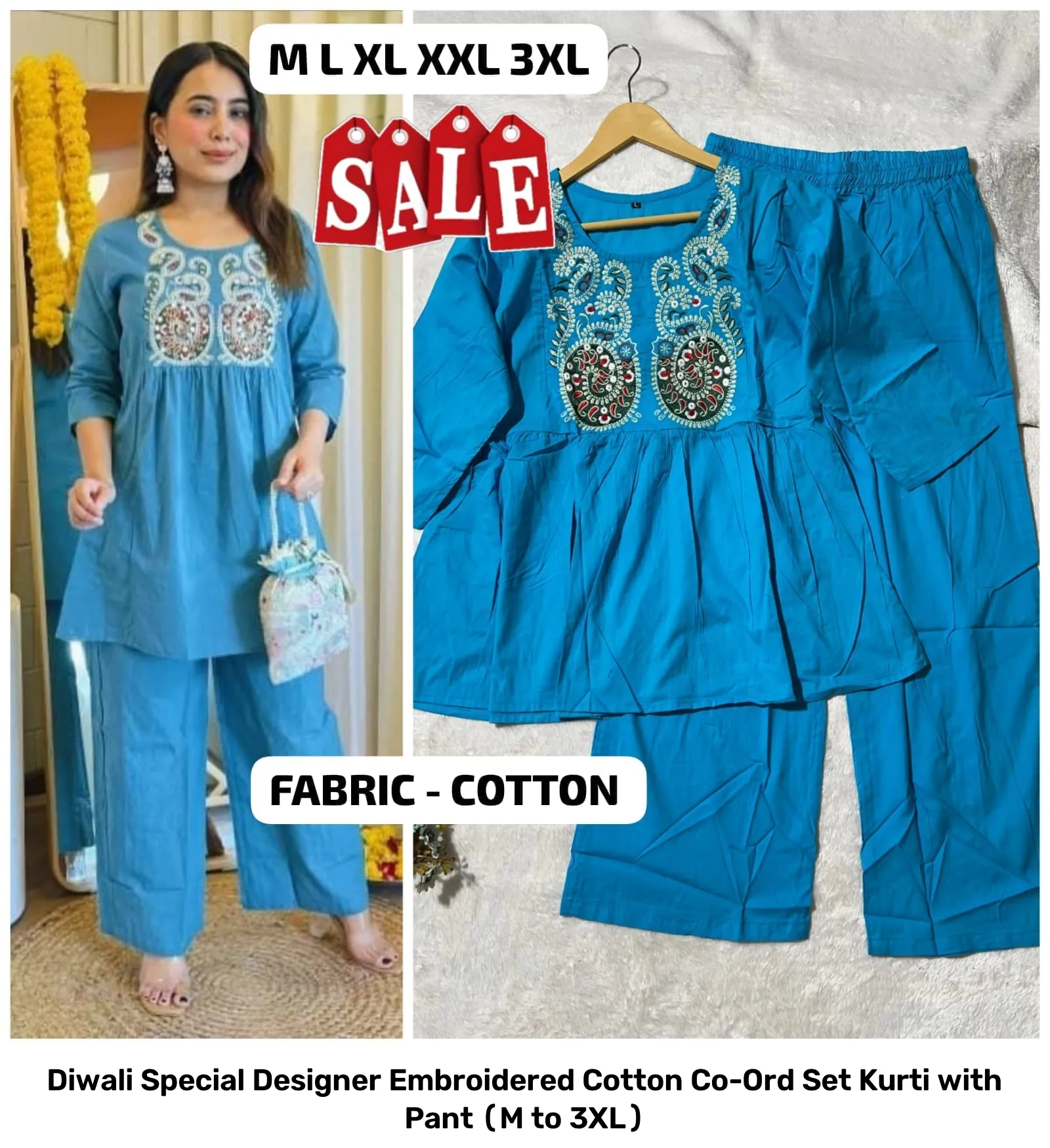 Diwali Special Designer Embroidered Cotton Co-Ord Set – Kurti with Pant (M to 3XL) 3