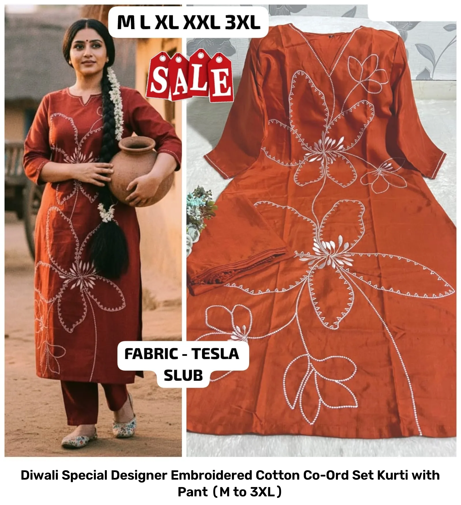 Diwali Special Designer Embroidered Cotton Co-Ord Set – Kurti with Pant (M to 3XL) 4