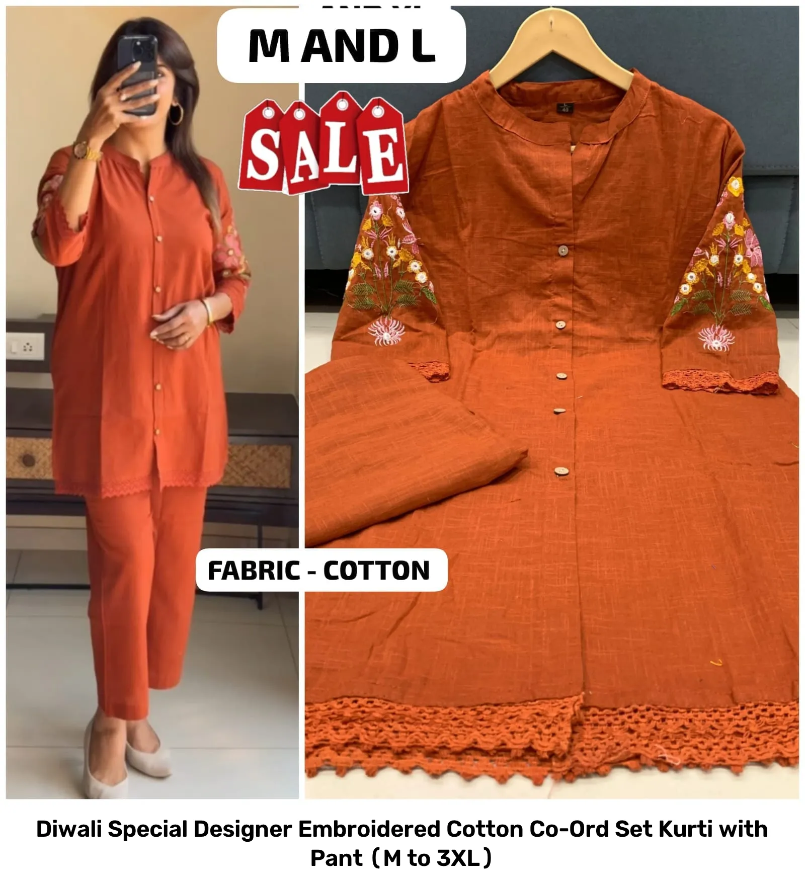 Diwali Special Designer Embroidered Cotton Co-Ord Set – Kurti with Pant (M to 3XL) 5