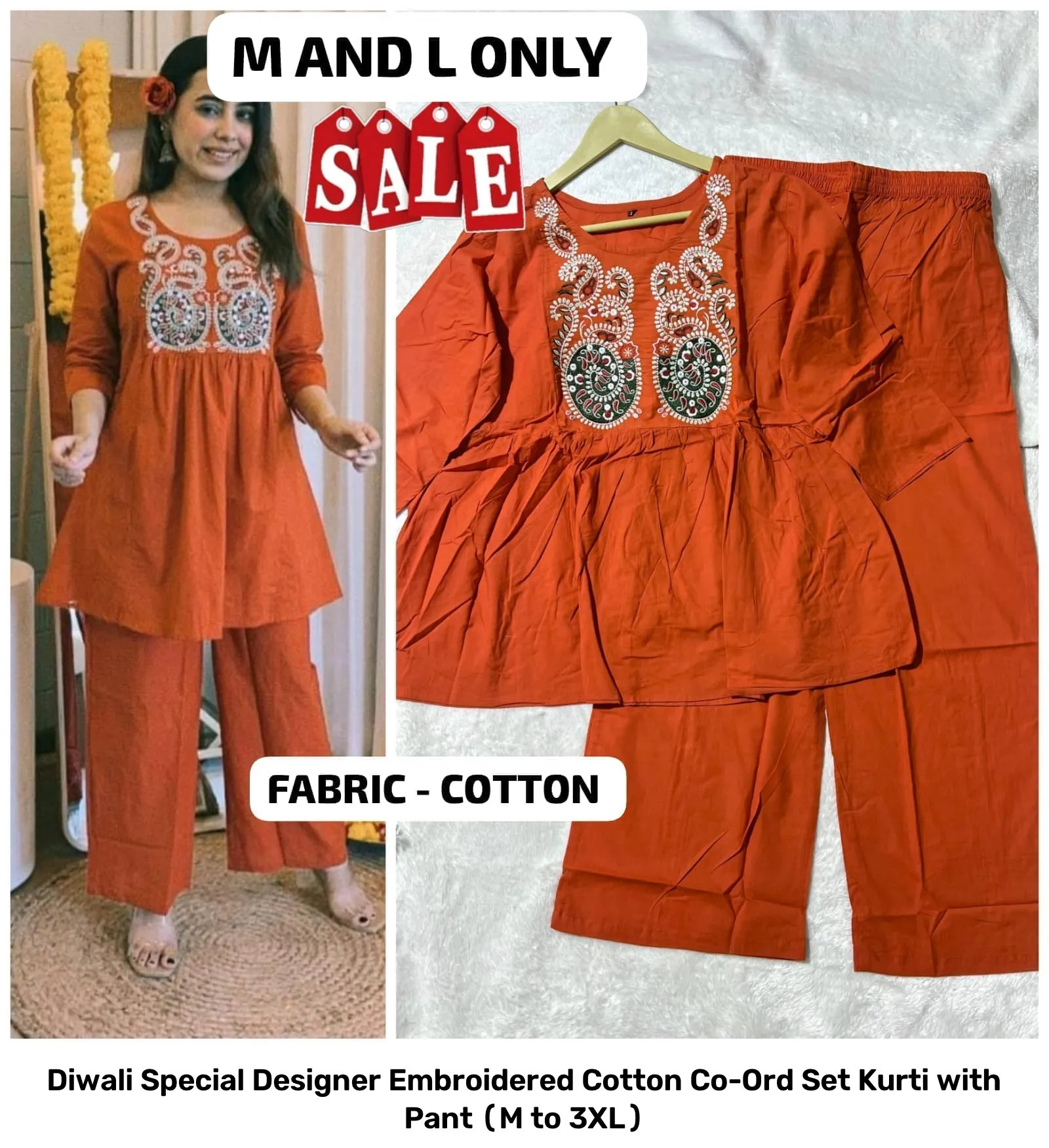 Diwali Special Designer Embroidered Cotton Co-Ord Set – Kurti with Pant (M to 3XL) 6