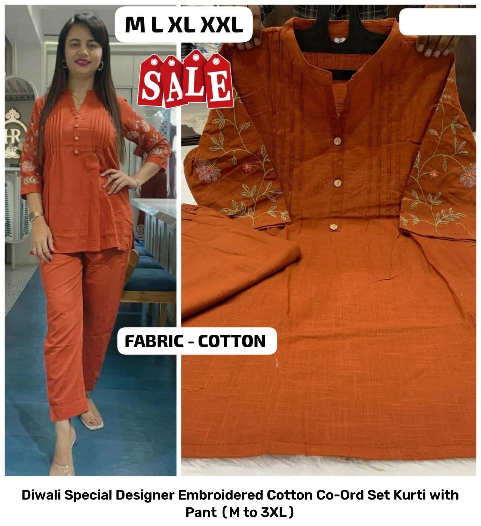 Diwali Special Designer Embroidered Cotton Co-Ord Set – Kurti with Pant (M to 3XL) 7