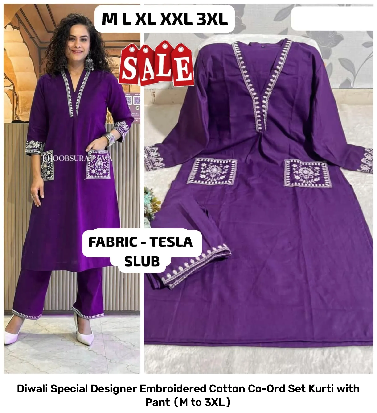 Diwali Special Designer Embroidered Cotton Co-Ord Set – Kurti with Pant (M to 3XL) 8