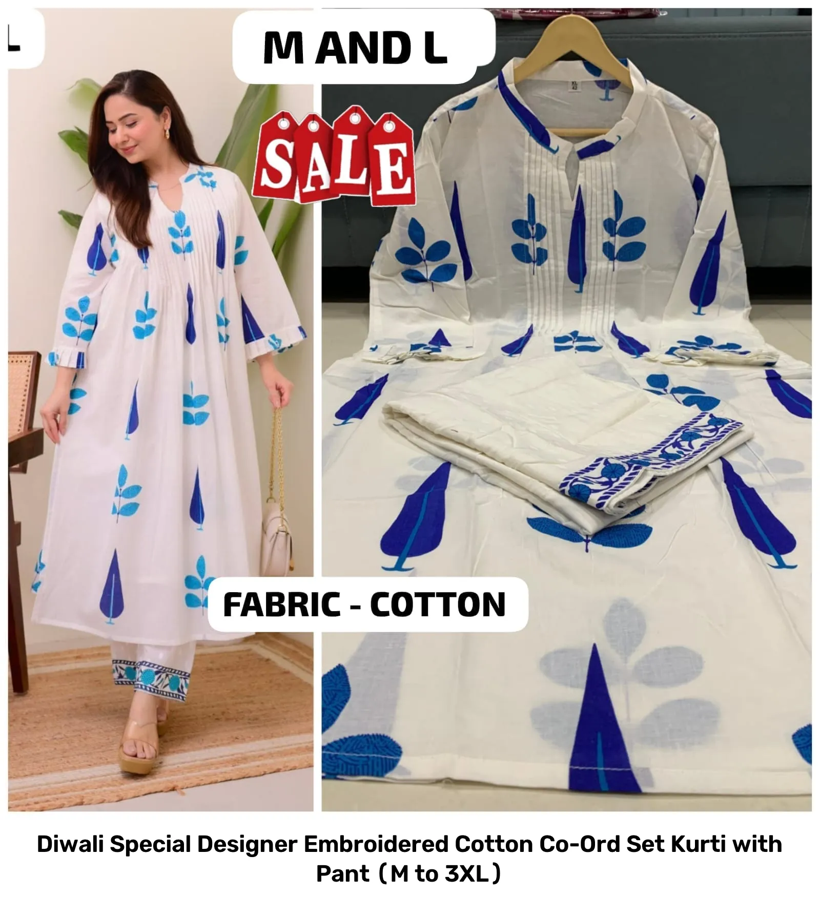 Diwali Special Designer Embroidered Cotton Co-Ord Set – Kurti with Pant (M to 3XL) 9