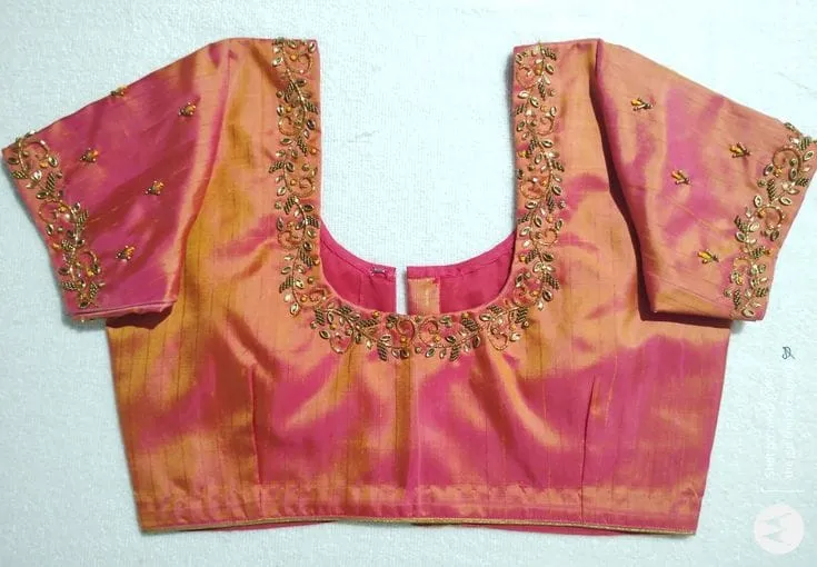 Dual-Tone Peach Pink Silk Saree Blouse – Handcrafted Zari & Kundan Stone Floral Vine Neck Work Blouse for Pattu Sarees