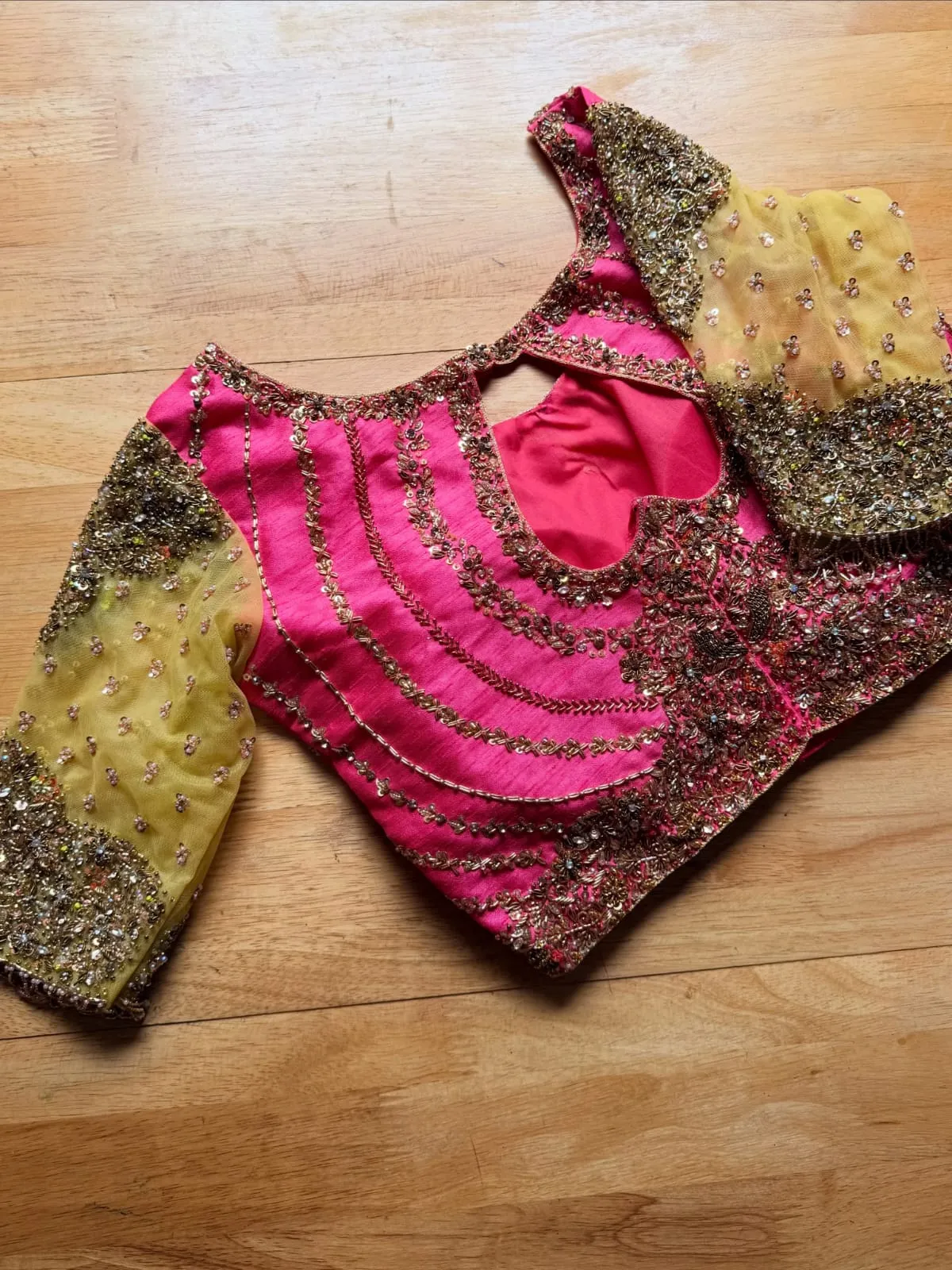 Dual-Tone Pink Designer Bridal Blouse featuring Intricate Maggam Beadwork, Keyhole Neck & Embroidered Net Sleeves