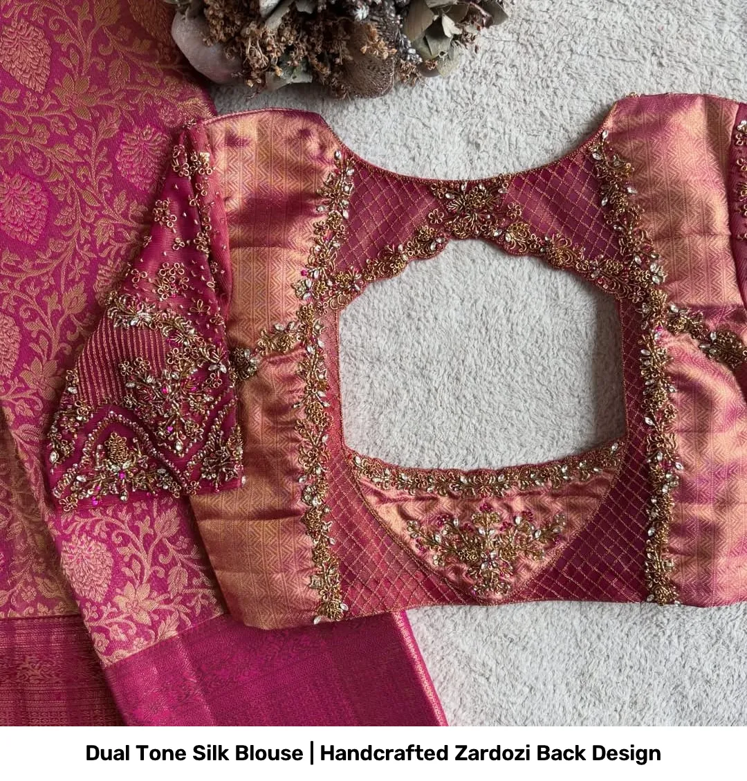 Dual Tone Silk Blouse | Handcrafted Zardozi Back Design 2