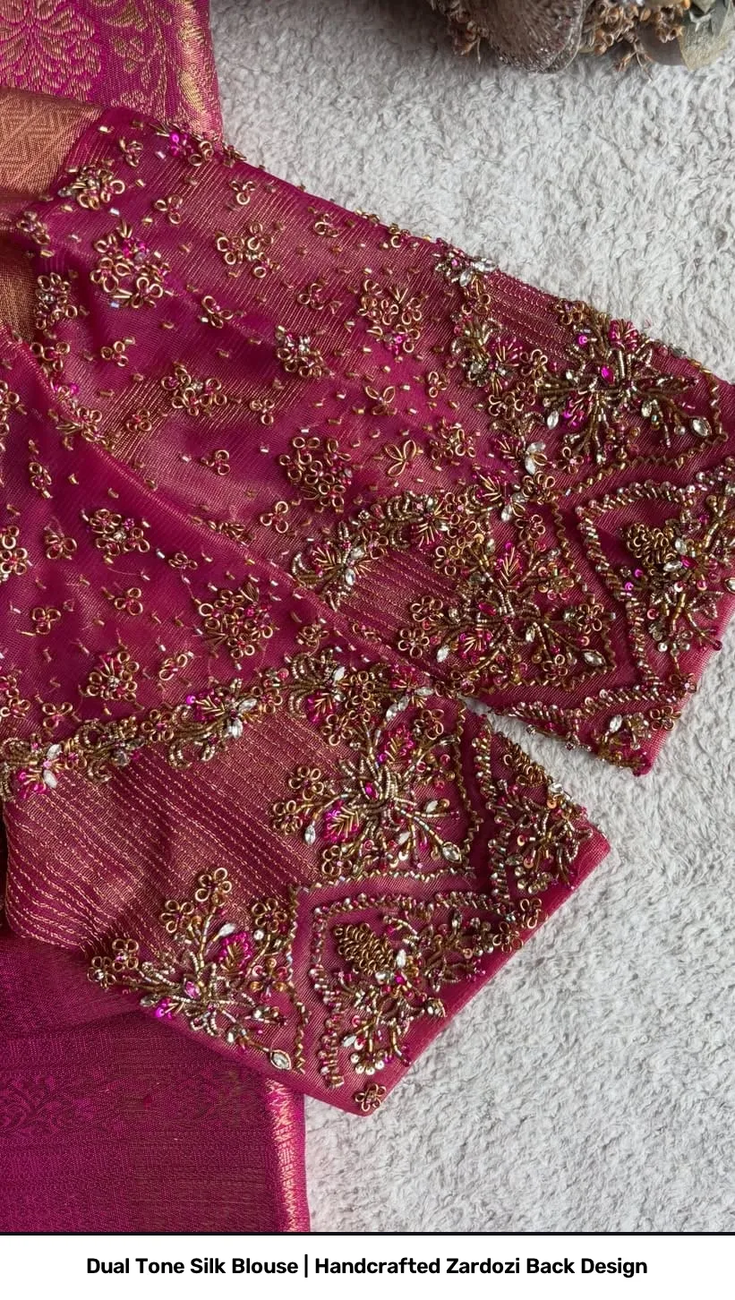 Dual Tone Silk Blouse | Handcrafted Zardozi Back Design 3