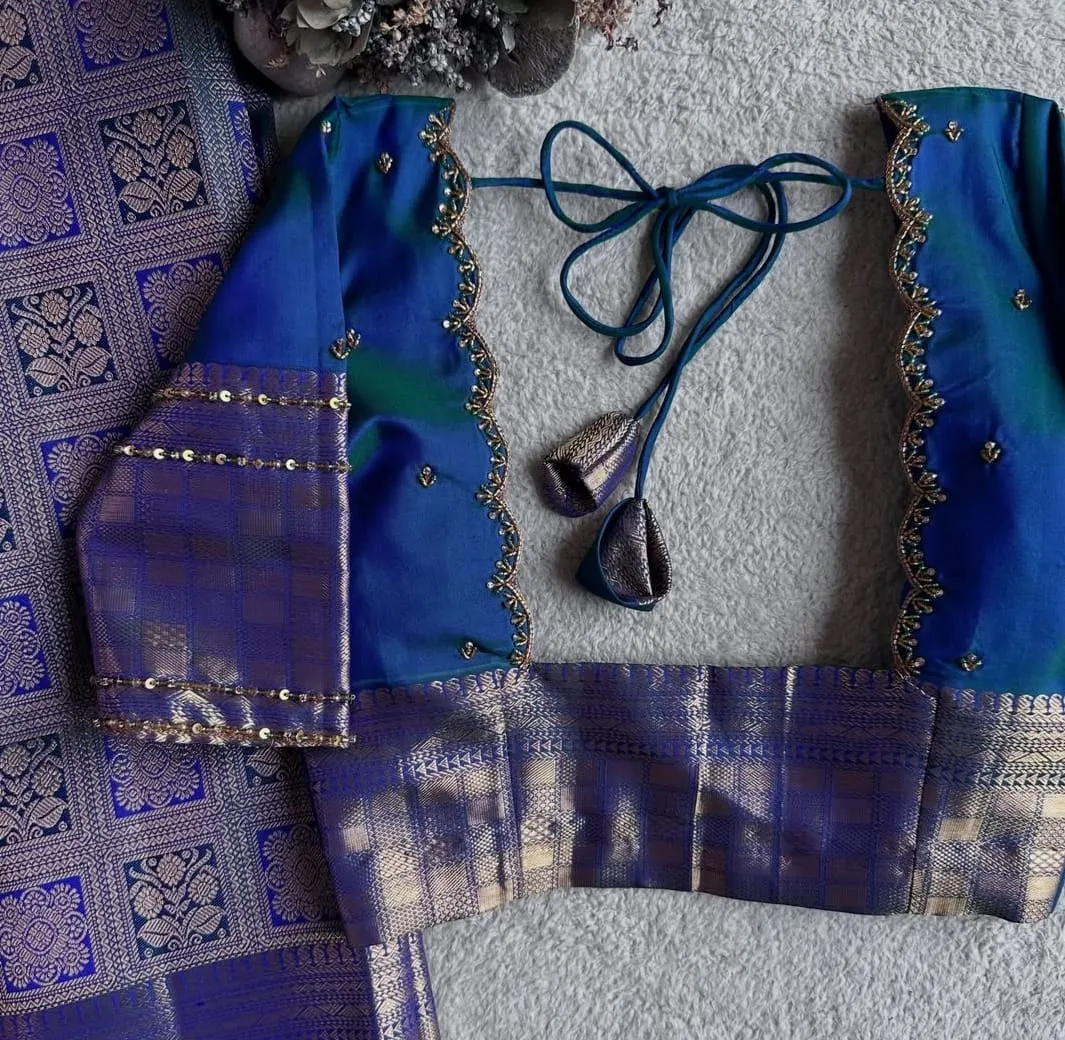 Dual Tone Teal Blue Silk Blouse – Scallop Border Hand Embroidered Saree Blouse, Bridal Pattu Choli with Tie Back Tassels