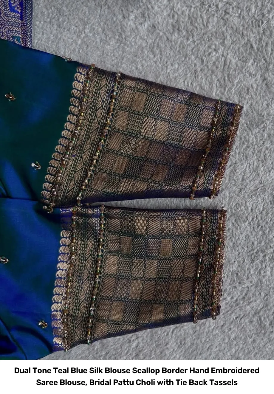Dual Tone Teal Blue Silk Blouse – Scallop Border Hand Embroidered Saree Blouse, Bridal Pattu Choli with Tie Back Tassels 3