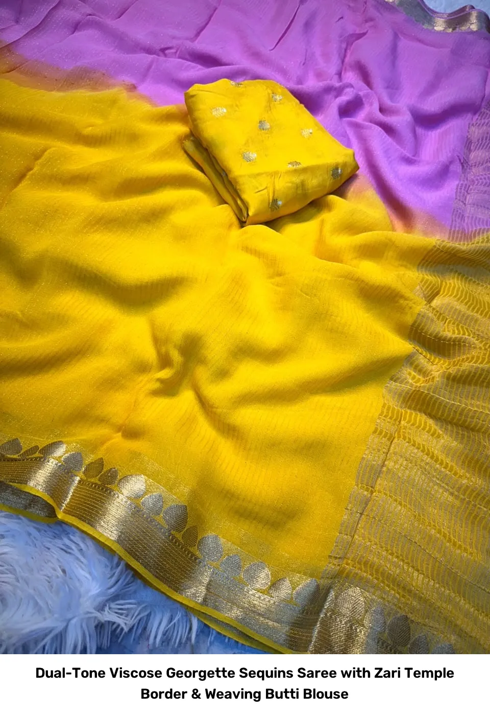 Dual-Tone Viscose Georgette Sequins Saree with Zari Temple Border & Weaving Butti Blouse 3