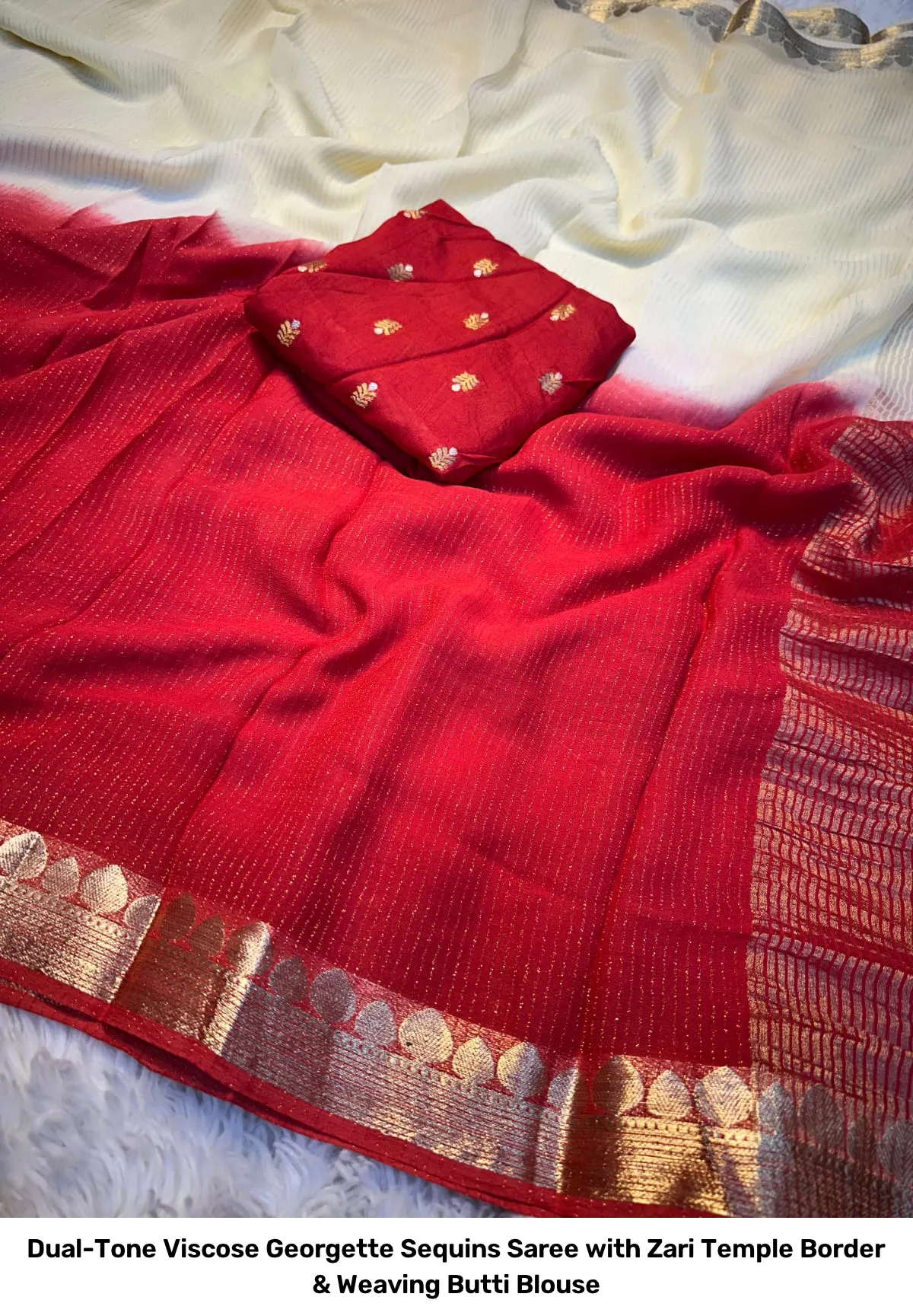 Dual-Tone Viscose Georgette Sequins Saree with Zari Temple Border & Weaving Butti Blouse 4