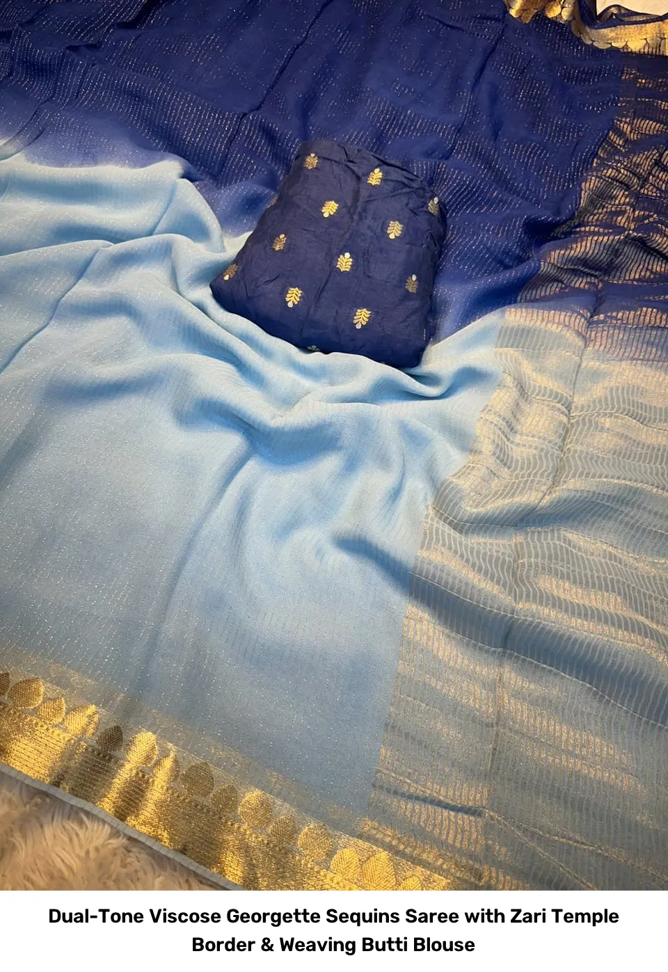 Dual-Tone Viscose Georgette Sequins Saree with Zari Temple Border & Weaving Butti Blouse 5