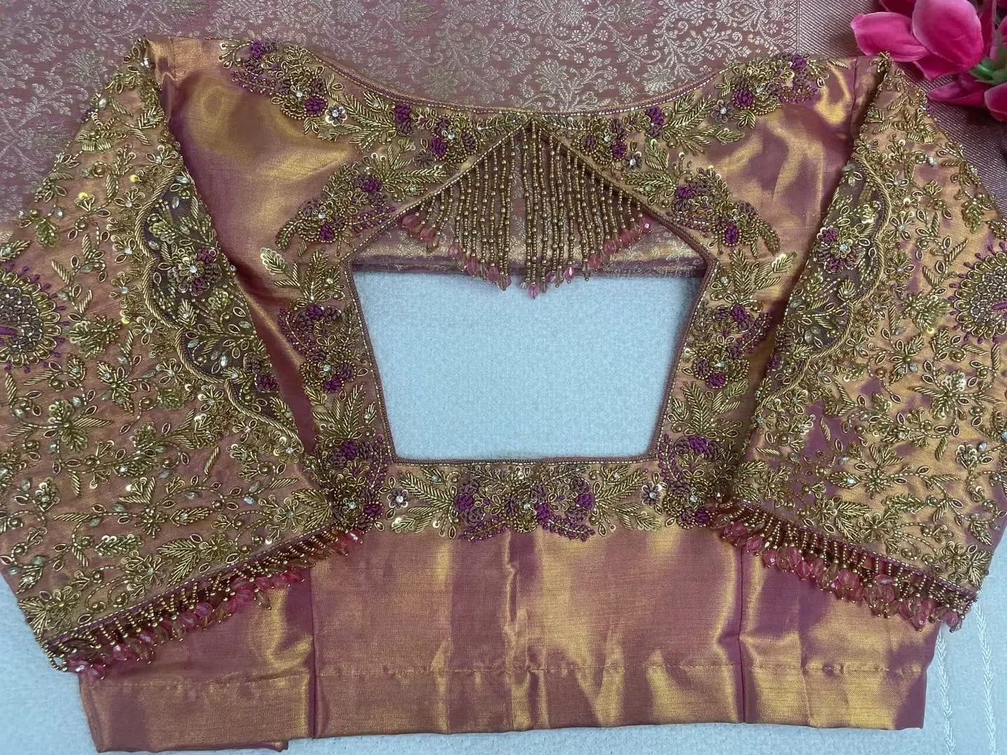 Dusty Rose Aari Work Bridal Blouse | Handcrafted Zardozi Silk Saree Blouse with Scallop Sheer Sleeves