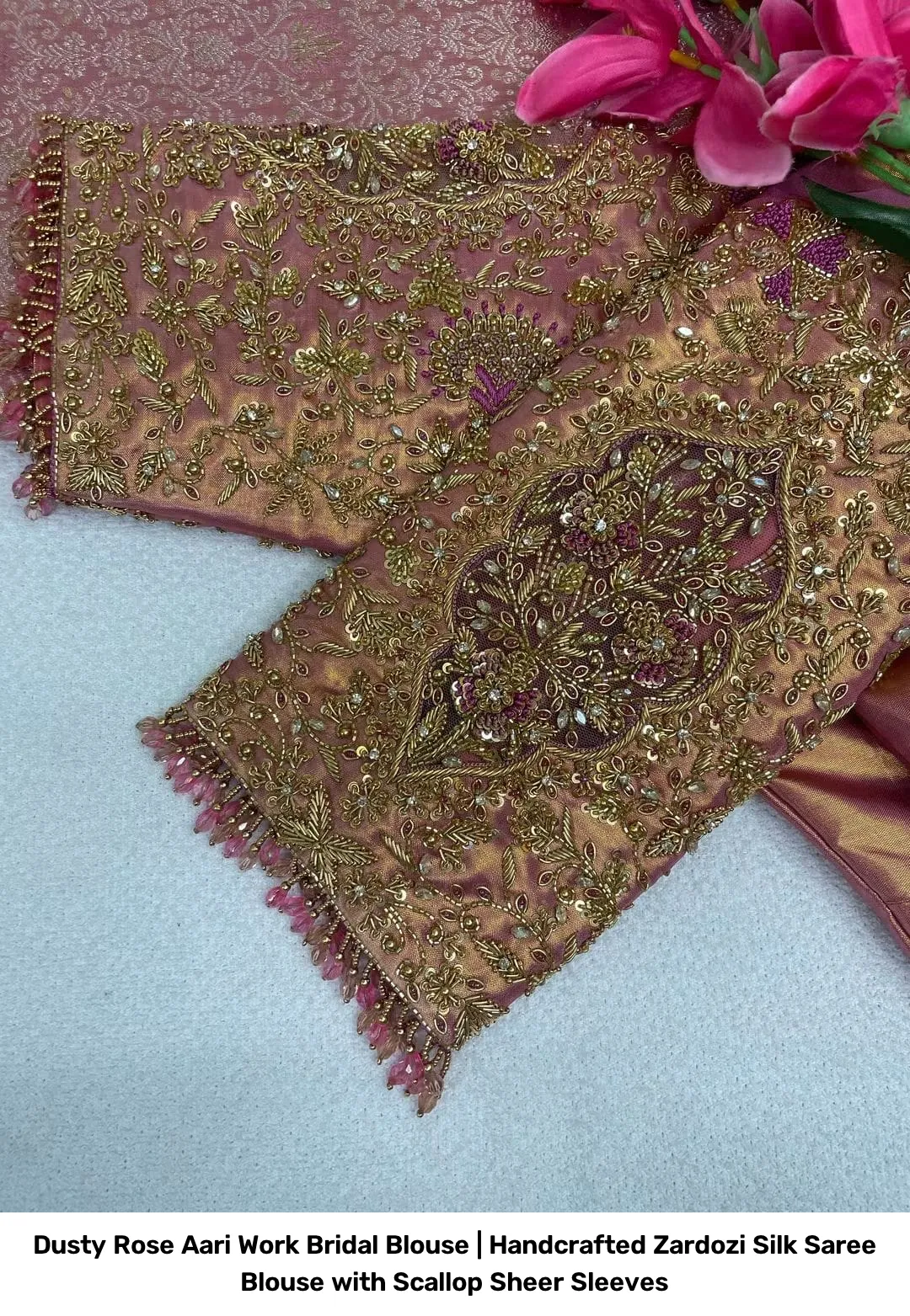 Dusty Rose Aari Work Bridal Blouse | Handcrafted Zardozi Silk Saree Blouse with Scallop Sheer Sleeves 2