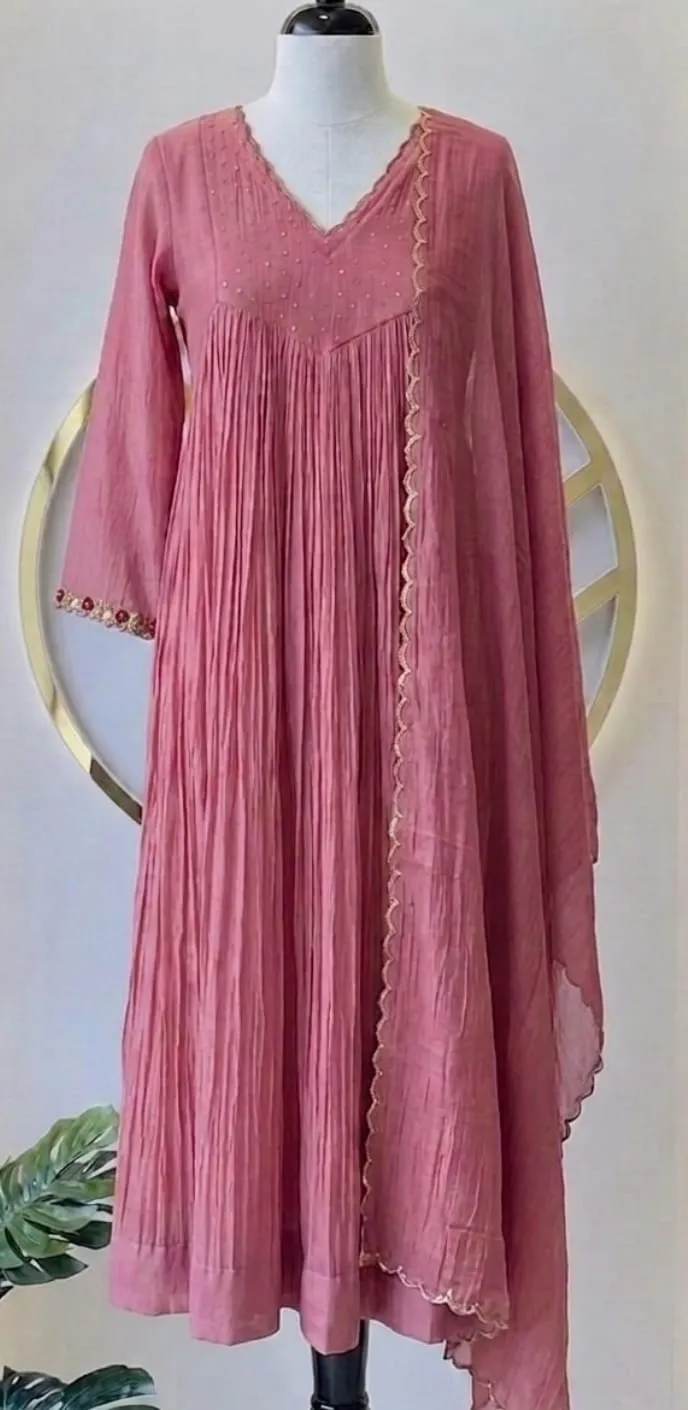 Dusty Rose Crinkled Silk Anarkali Suit Set with Scallop Dupatta | Handcrafted Festive Kurta Set 1