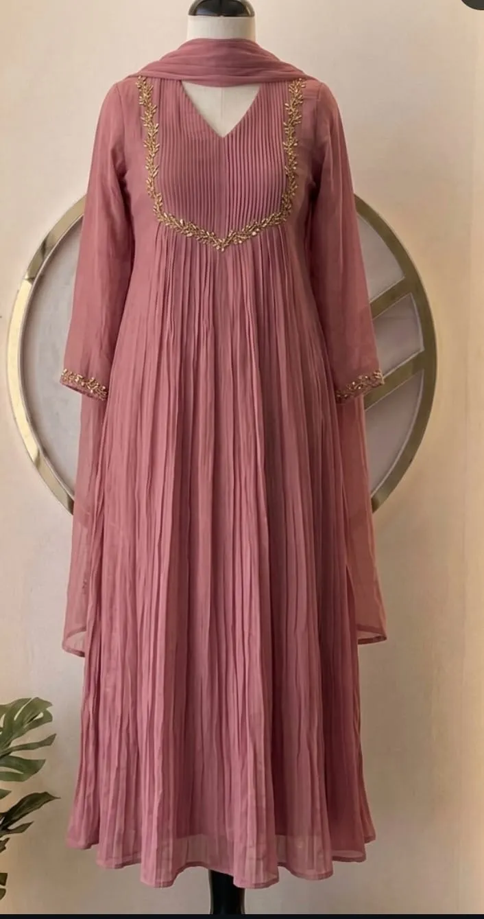 Dusty Rose Pleated Anarkali Suit Set with Dupatta | Designer Ethnic Wear