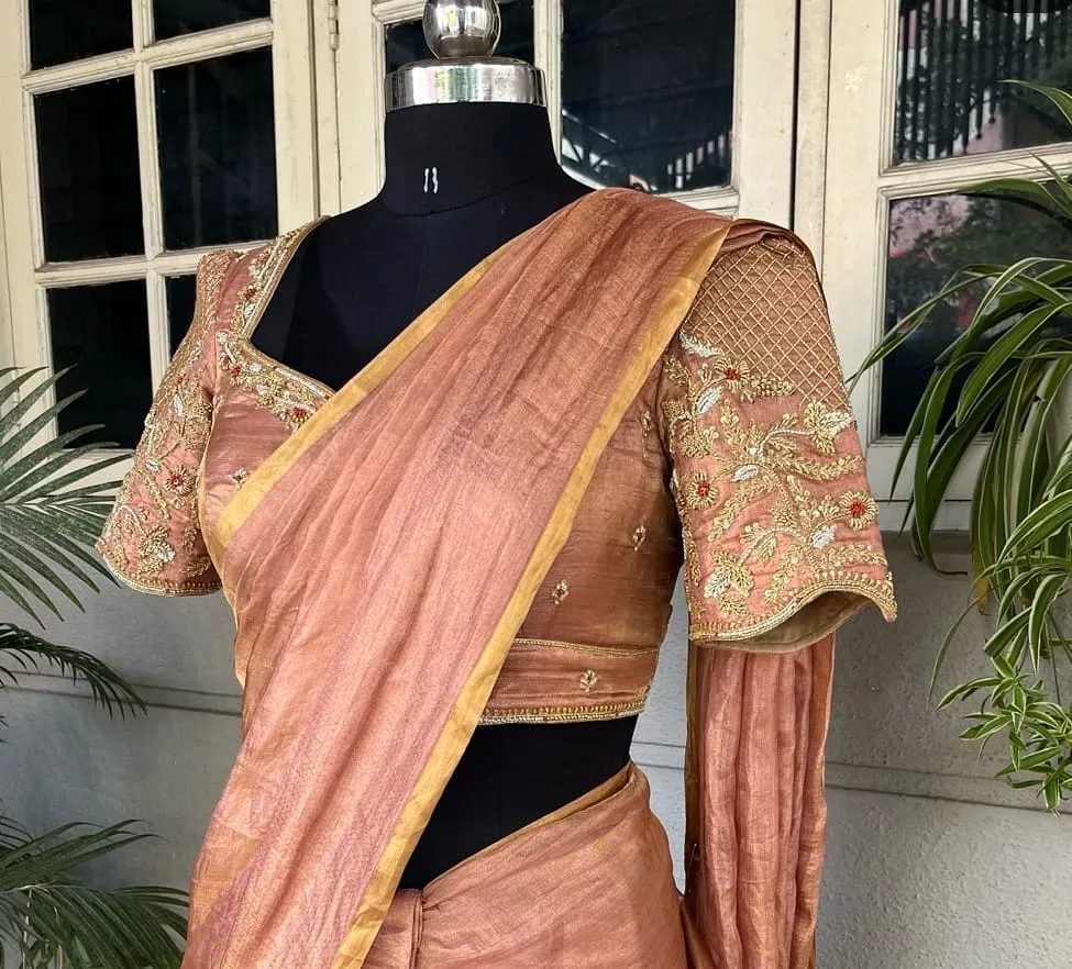 Dusty Rose Tissue Silk Heavy Zardozi Handwork Blouse | Designer Cut-Out Back