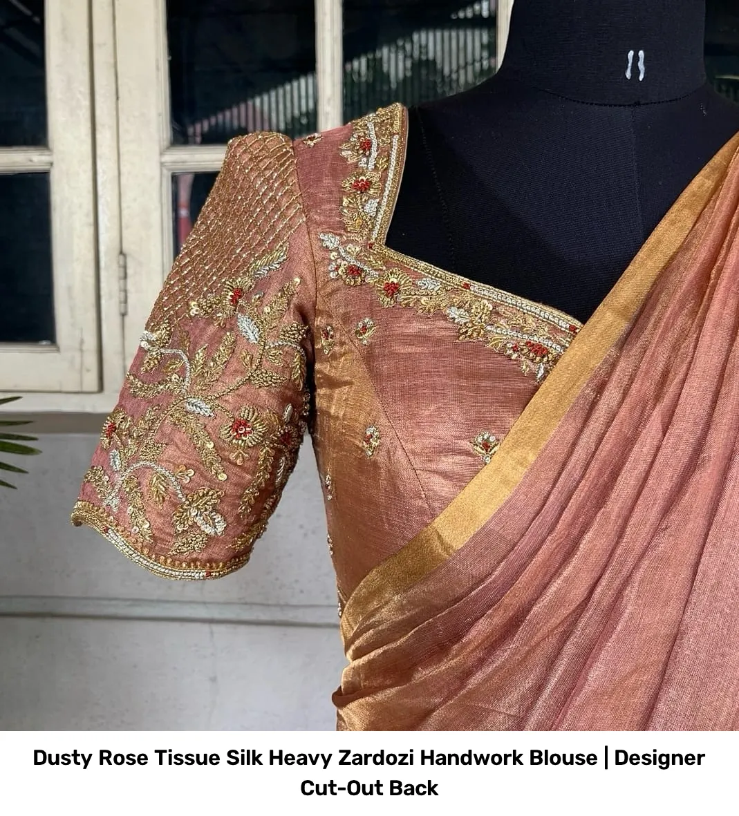 Dusty Rose Tissue Silk Heavy Zardozi Handwork Blouse | Designer Cut-Out Back 2