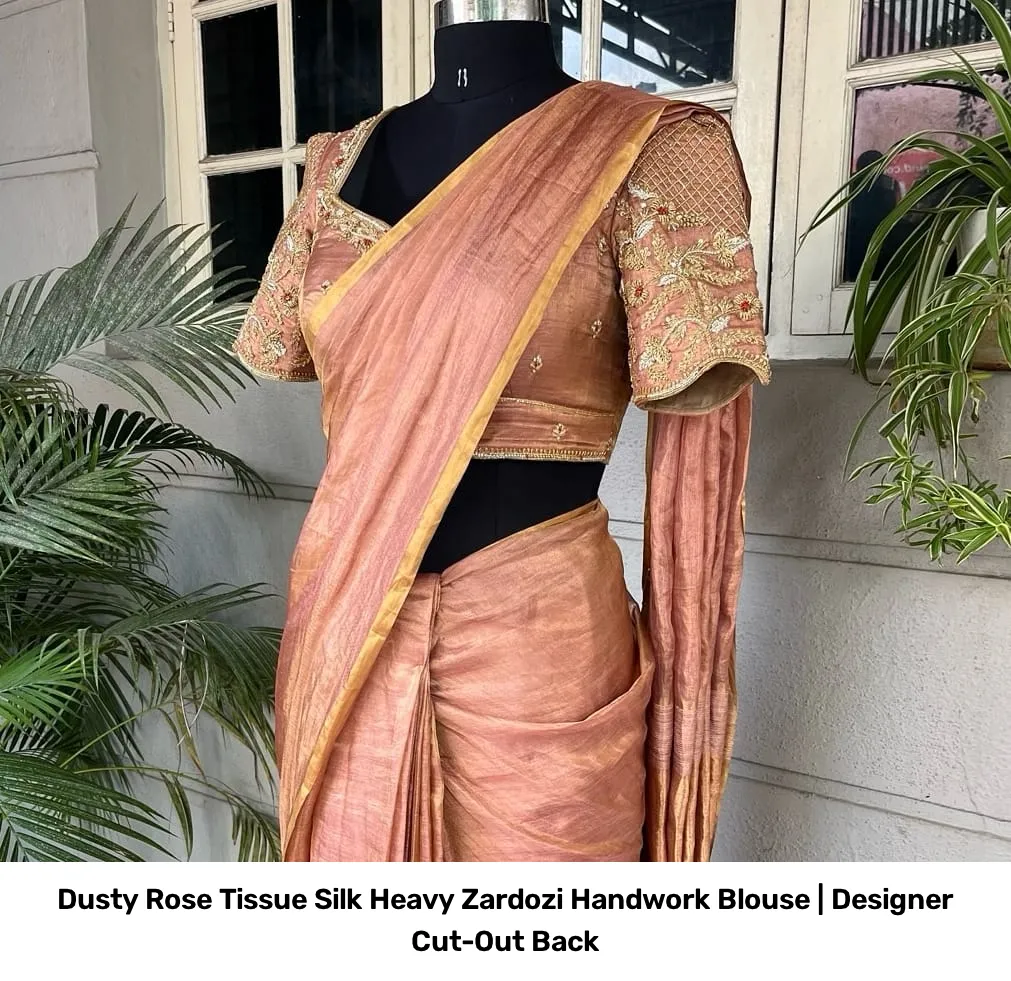 Dusty Rose Tissue Silk Heavy Zardozi Handwork Blouse | Designer Cut-Out Back 3