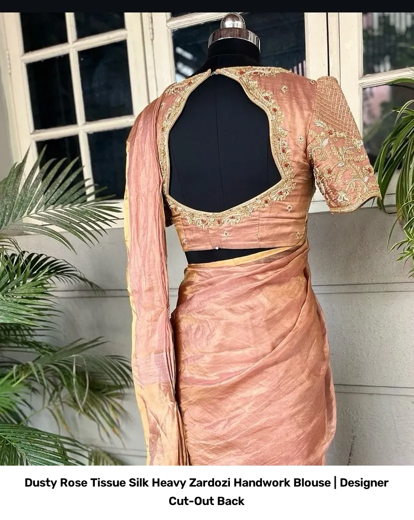 Dusty Rose Tissue Silk Heavy Zardozi Handwork Blouse | Designer Cut-Out Back 4
