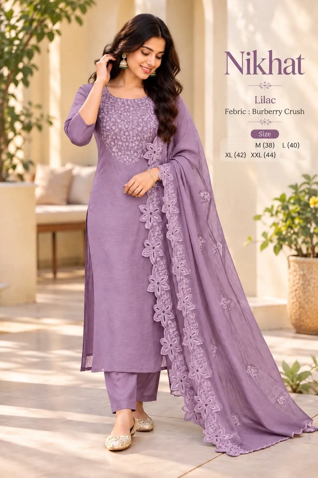 Embroidered Burberry Crush Kurta Set with Cutwork Dupatta | Festive 3-Piece Straight Suit Set