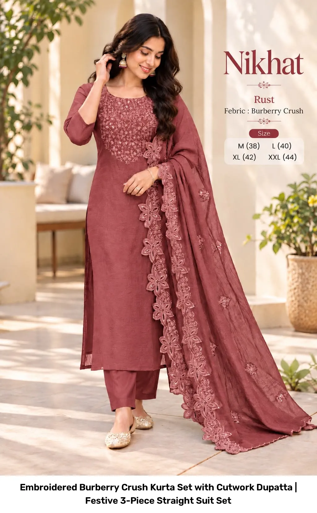 Embroidered Burberry Crush Kurta Set with Cutwork Dupatta | Festive 3-Piece Straight Suit Set 10